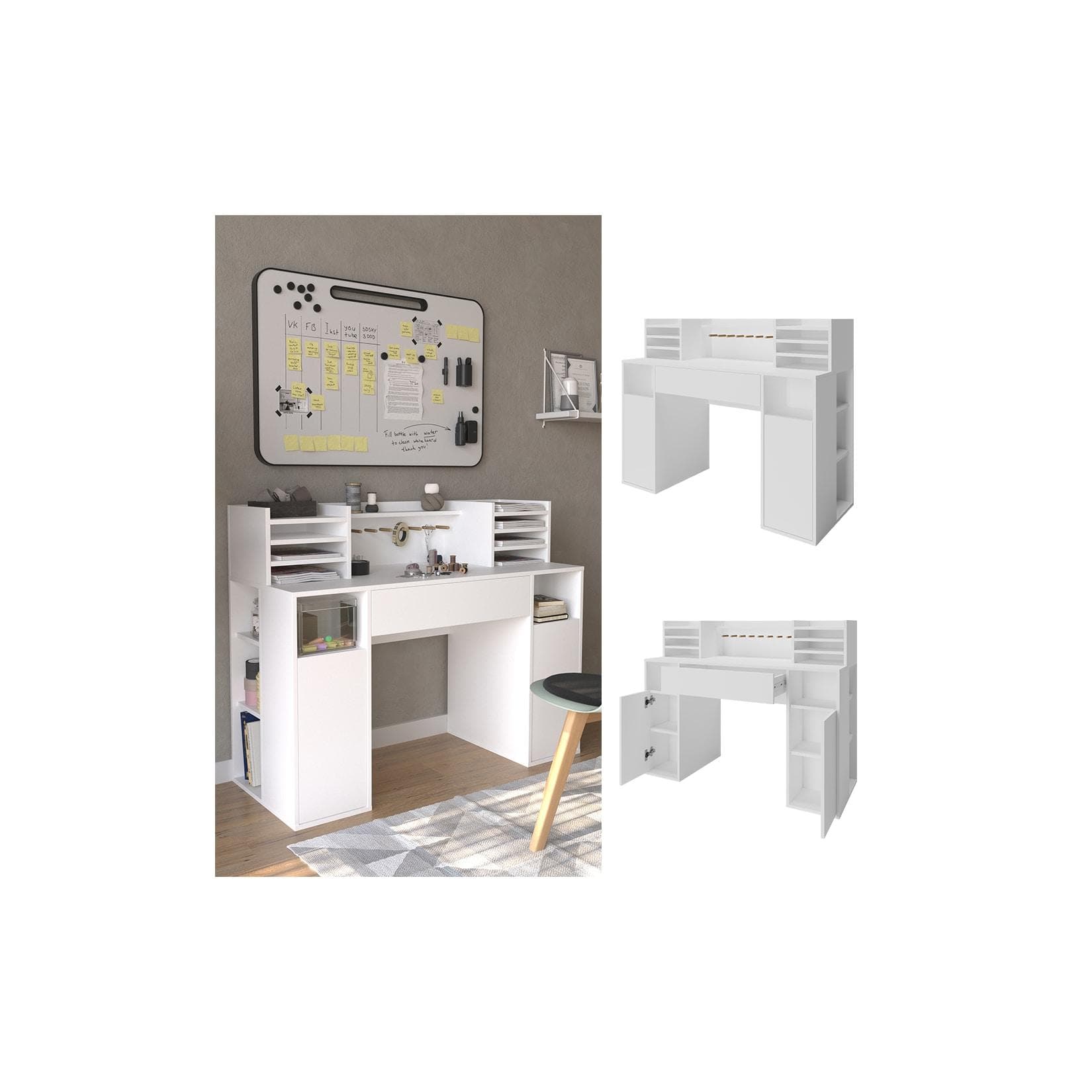 Vicco Schreibtisch Basteltisch XL Weiß mit Regal und Schubfach