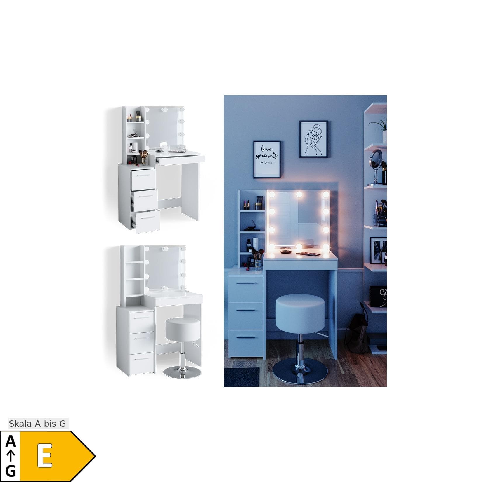 Vicco Schminktisch Meryl mit LED-Beleuchtung und Hocker