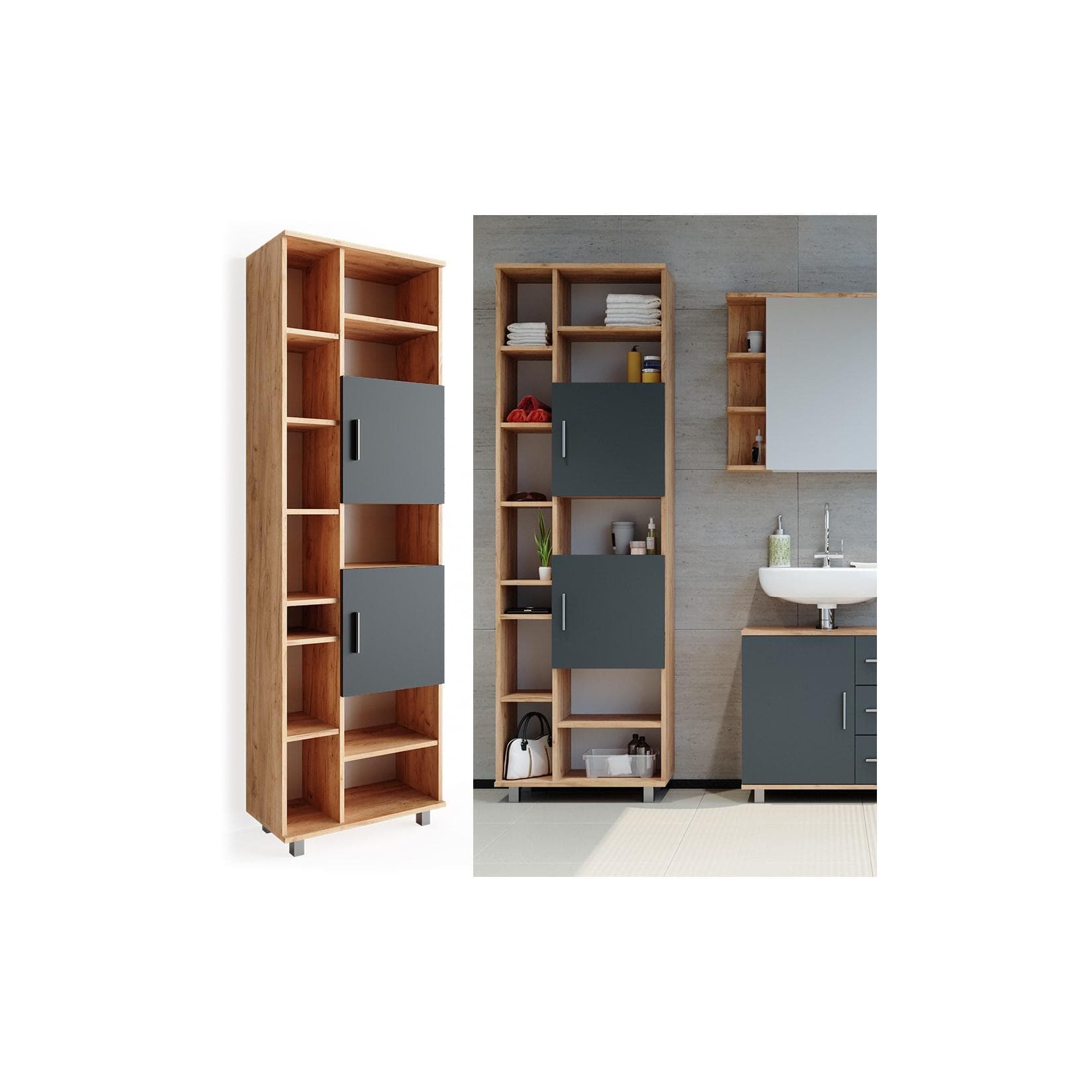 Vicco Badschrank Ilias 190 cm Eiche Anthrazit Hochschrank