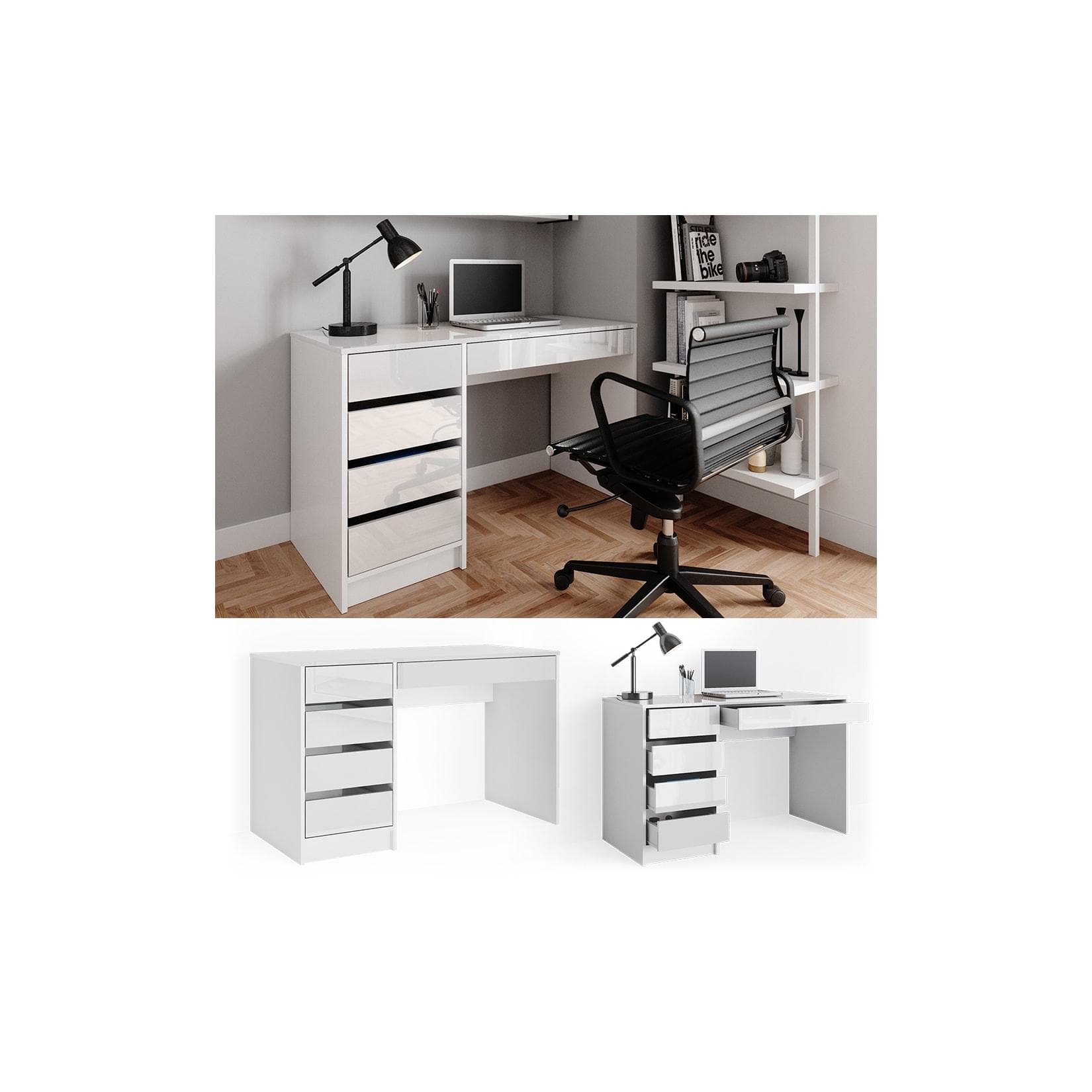 Vicco Schreibtisch Sherry Weiß Hochglanz mit 5 Schubladen