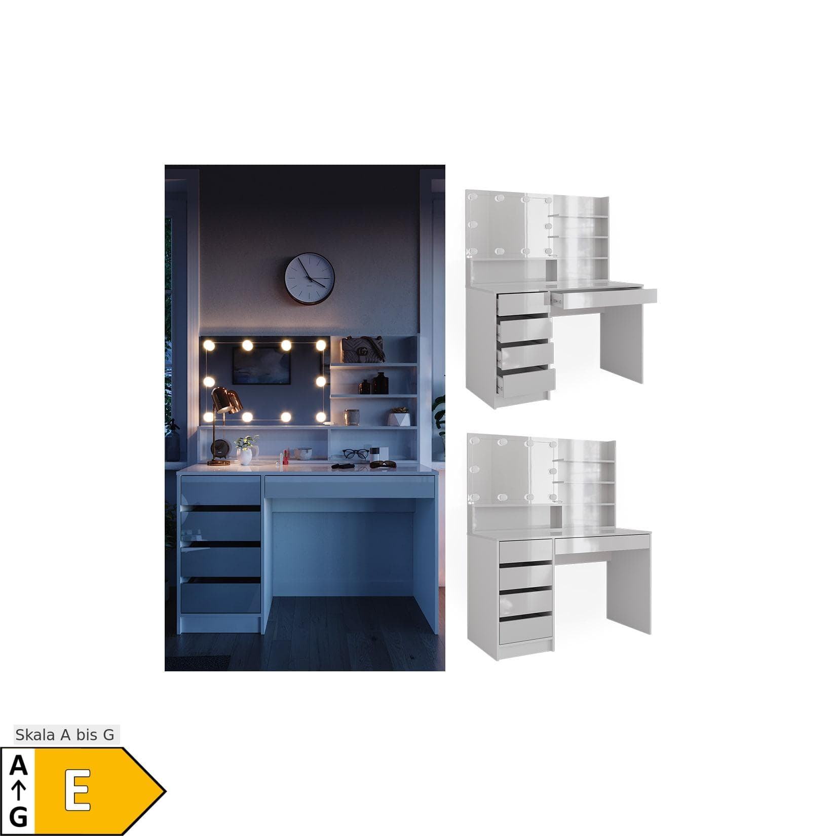 Vicco Schminktisch Sherry Weiß Hochglanz mit LED und Spiegelregal