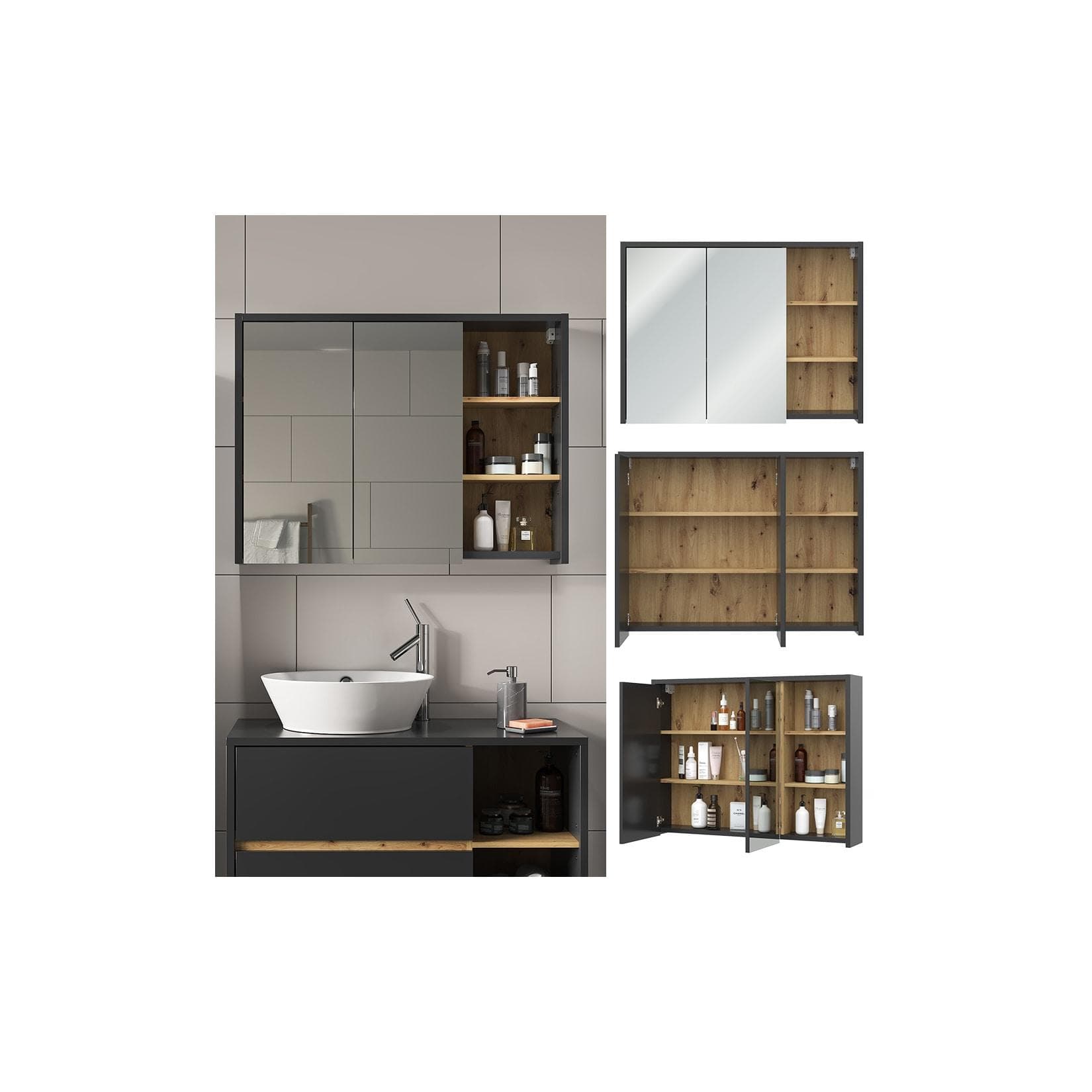 Anthrazit/Eichen Badezimmerspiegelschrank mit 3 Türen