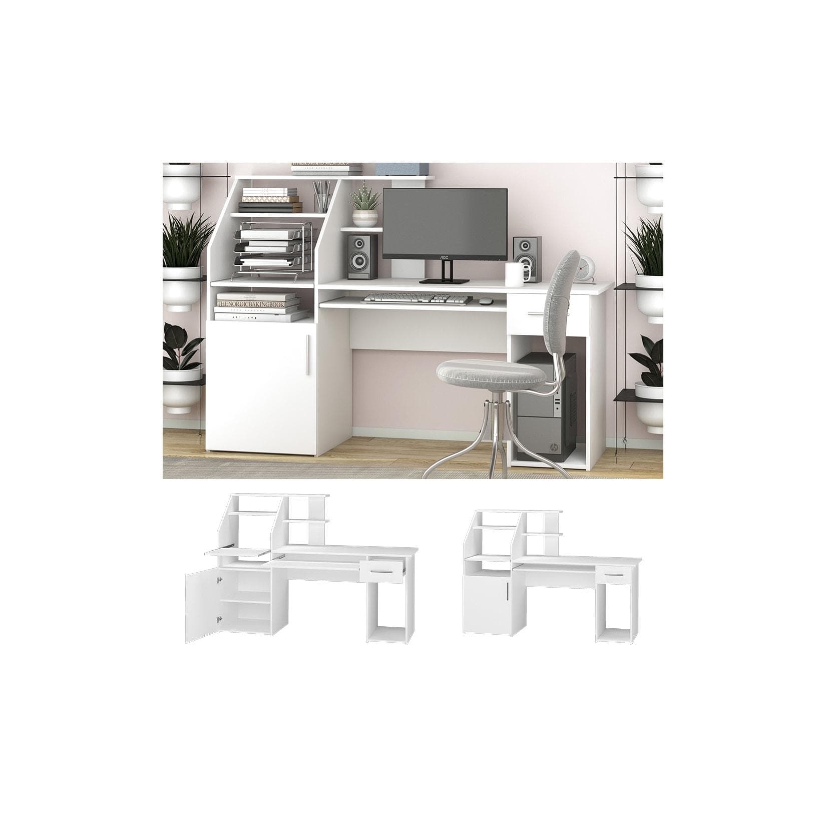 Vicco Edwin Schreibtisch Weiß mit Regalen und Ausziehschublade