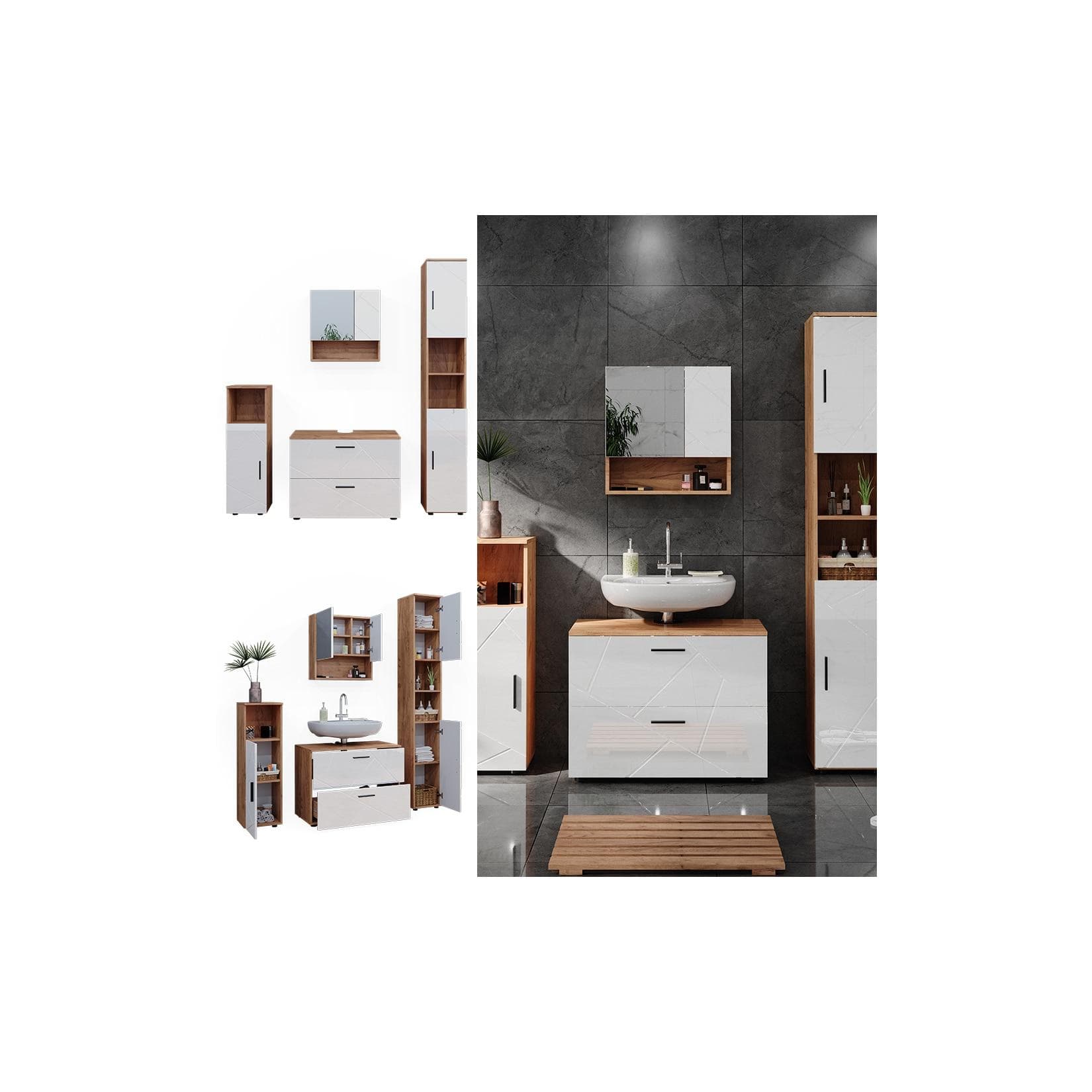 Vicco Badmöbelset Irma Eiche Weiß Hochglanz modern Badezimmerschrank