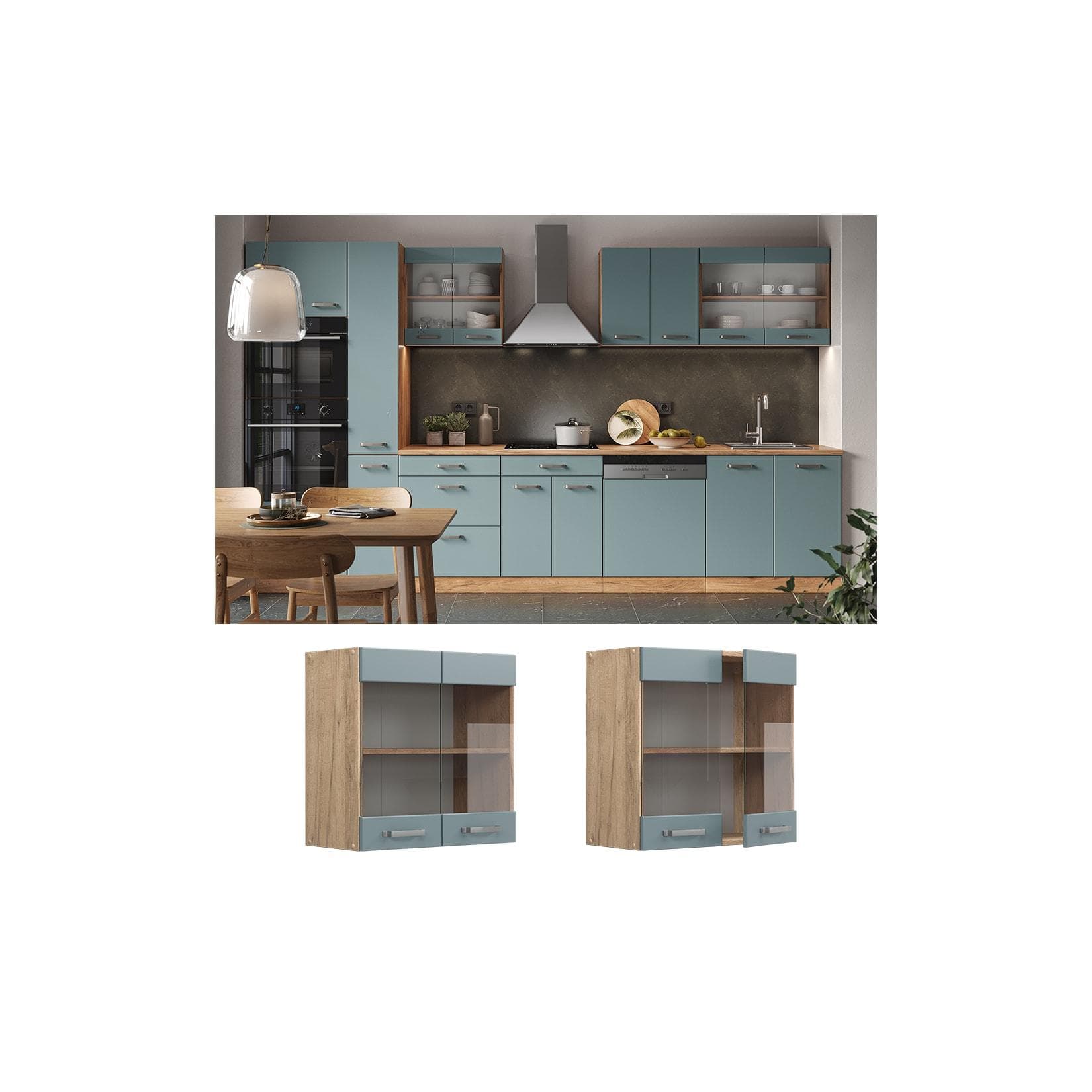 Vicco Glashängeschrank Küchenschrank R-Line Eiche Blau Grau Modern
