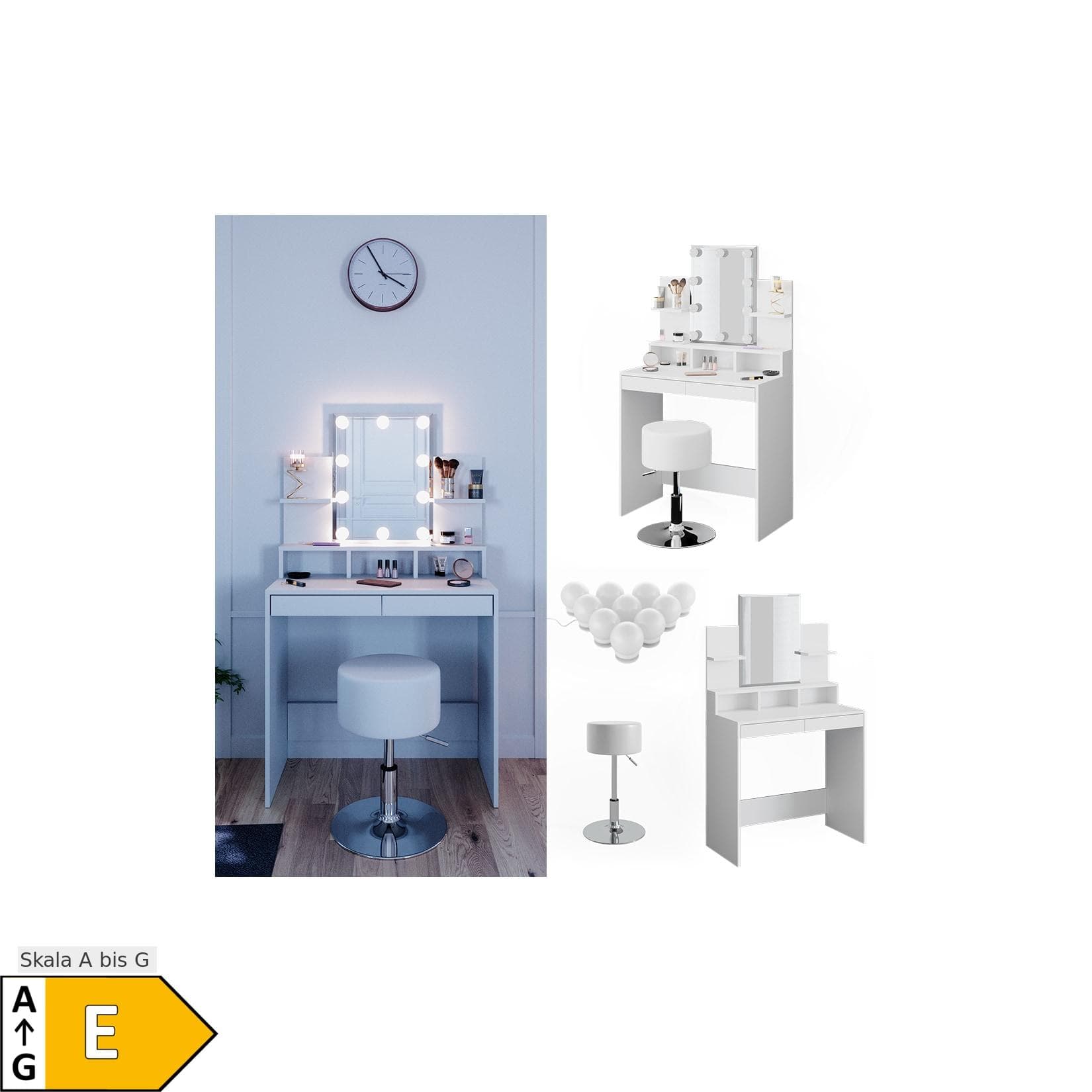 Vicco Schminktisch Ania Weiß mit LED-Beleuchtung und Hocker