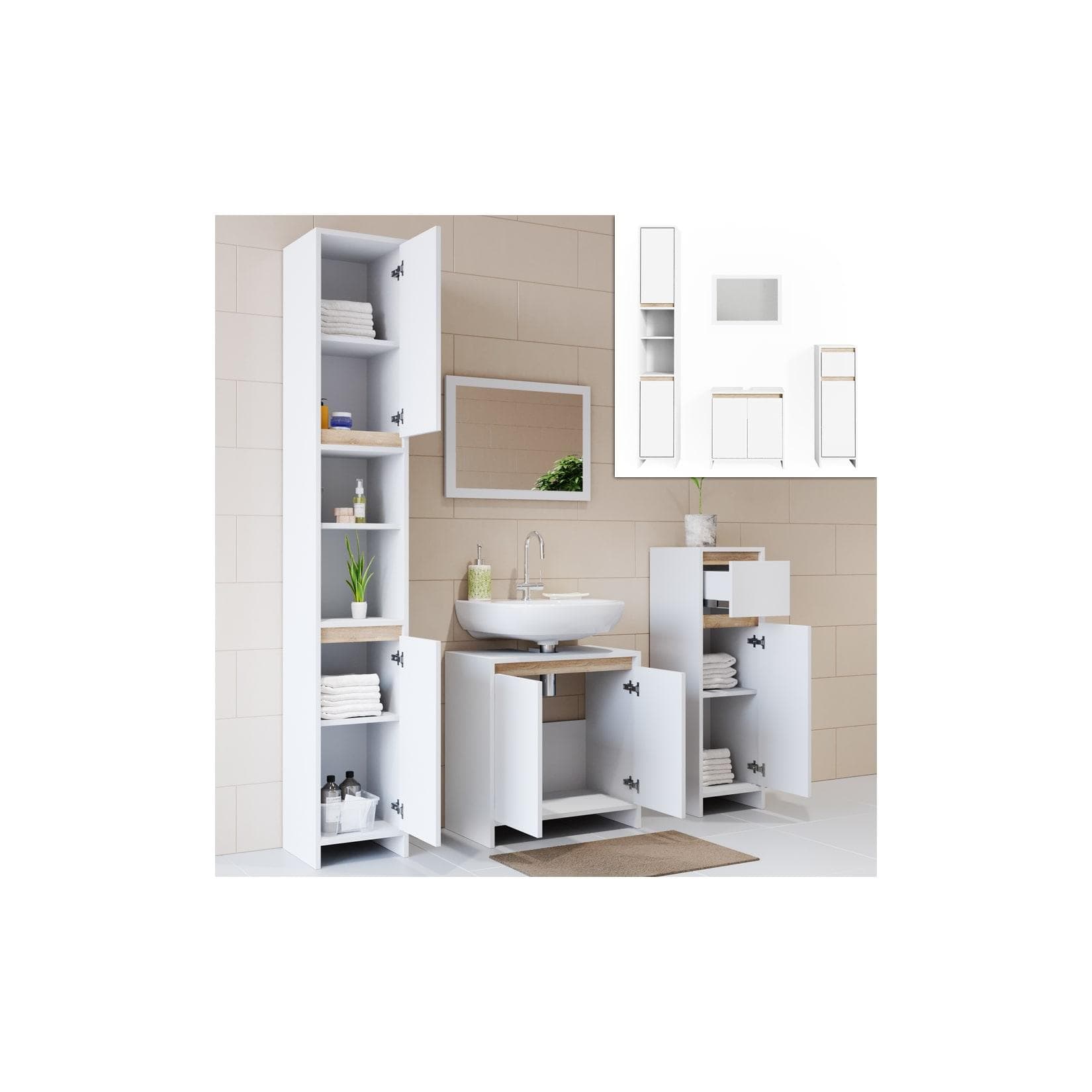 VICCO Badmöbel Set EMMA Weiß Sonoma Eiche Spiegel Unterschrank Hochschrank