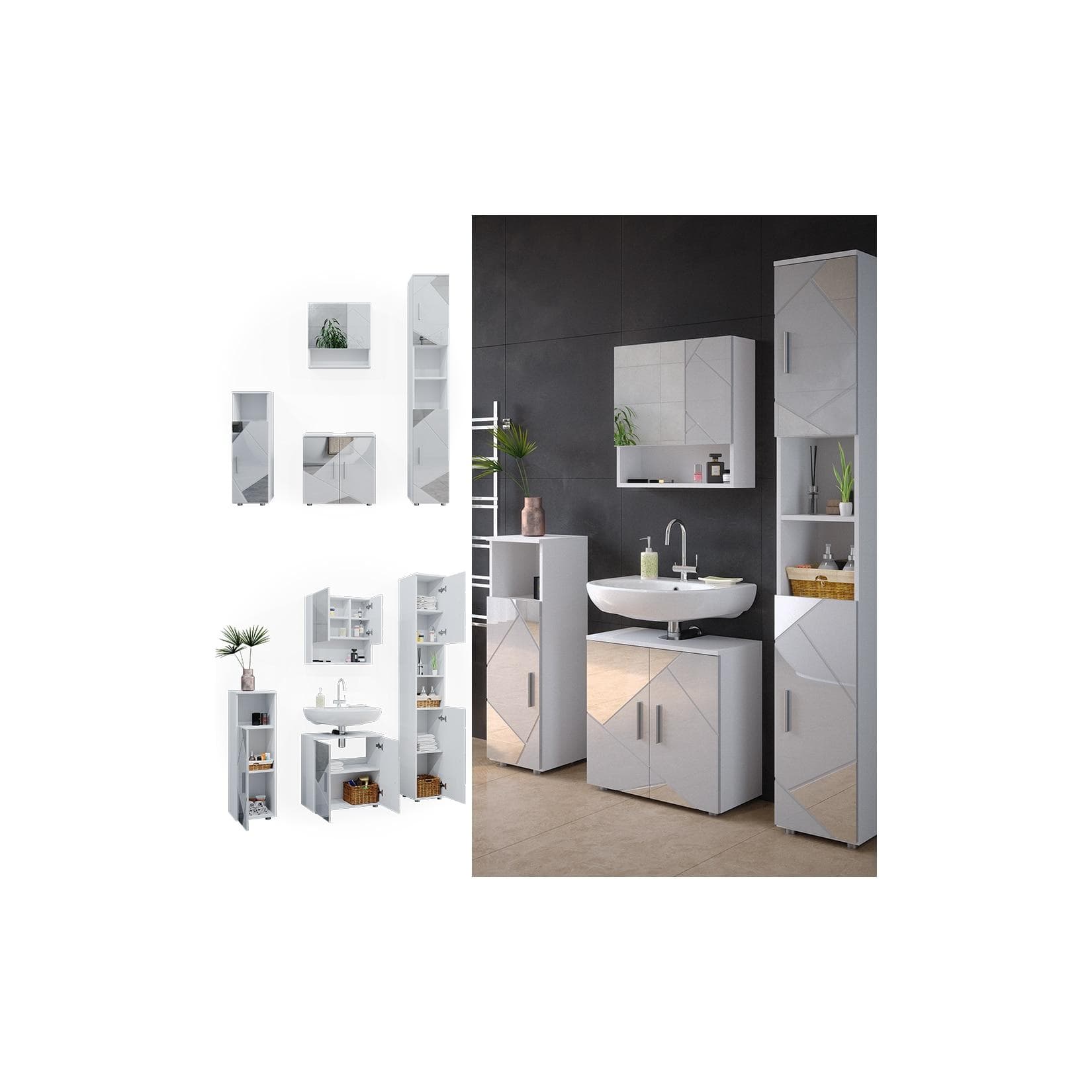 Hochglanz Badmöbel Set Weiß mit Einsätzen & Spiegel (4-teilig)