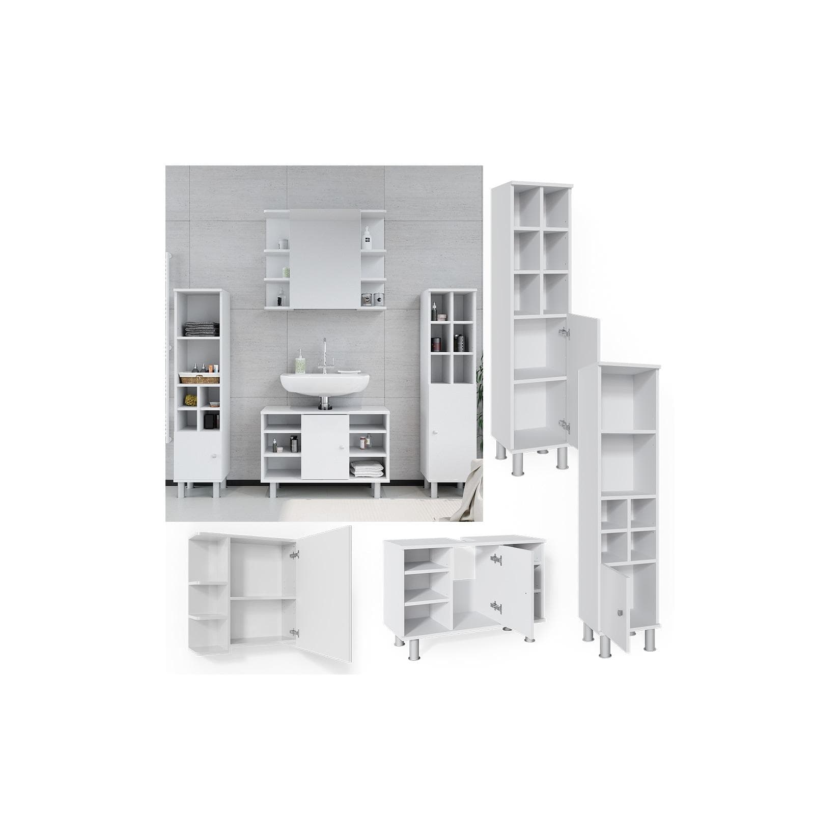 Vicco Badmöbel Set 4tlg Fynn Spiegelschrank Unterschrank Hochschrank Weiß