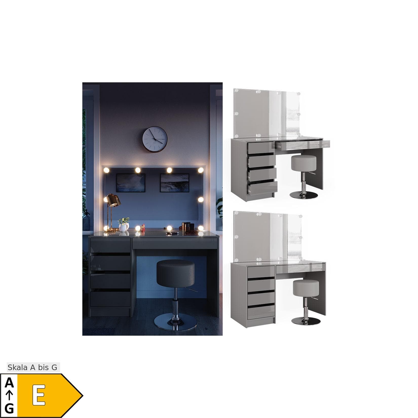 Vicco Schminktisch Sherry Grau mit LED-Spiegel und Hocker