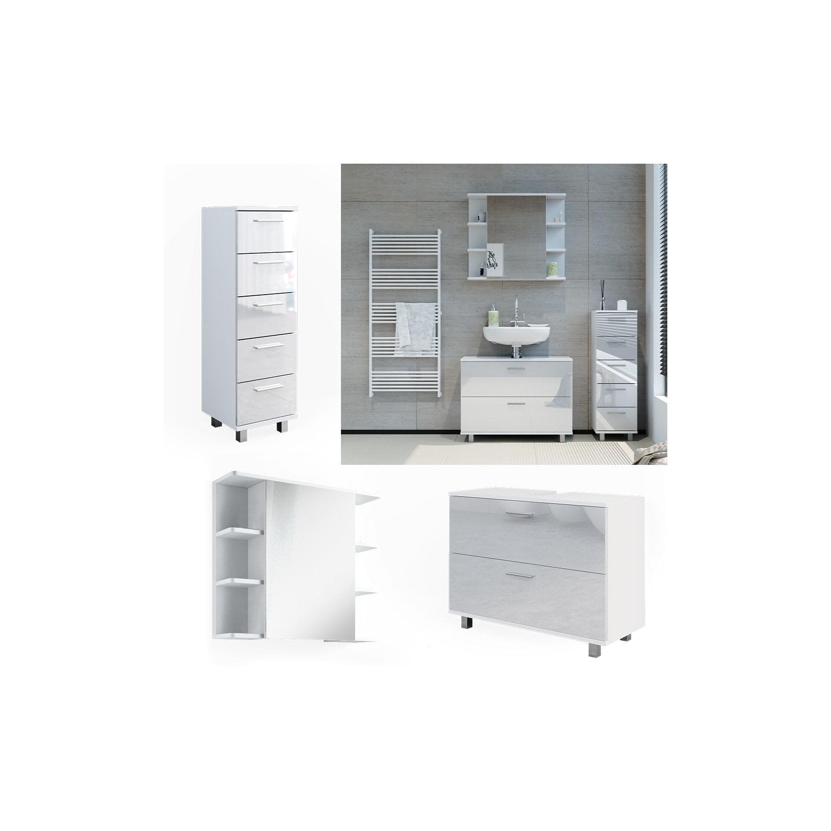 Vicco Badmöbel-Set Ilias Weiß Hochglanz Waschtischunterschrank Spiegelschrank