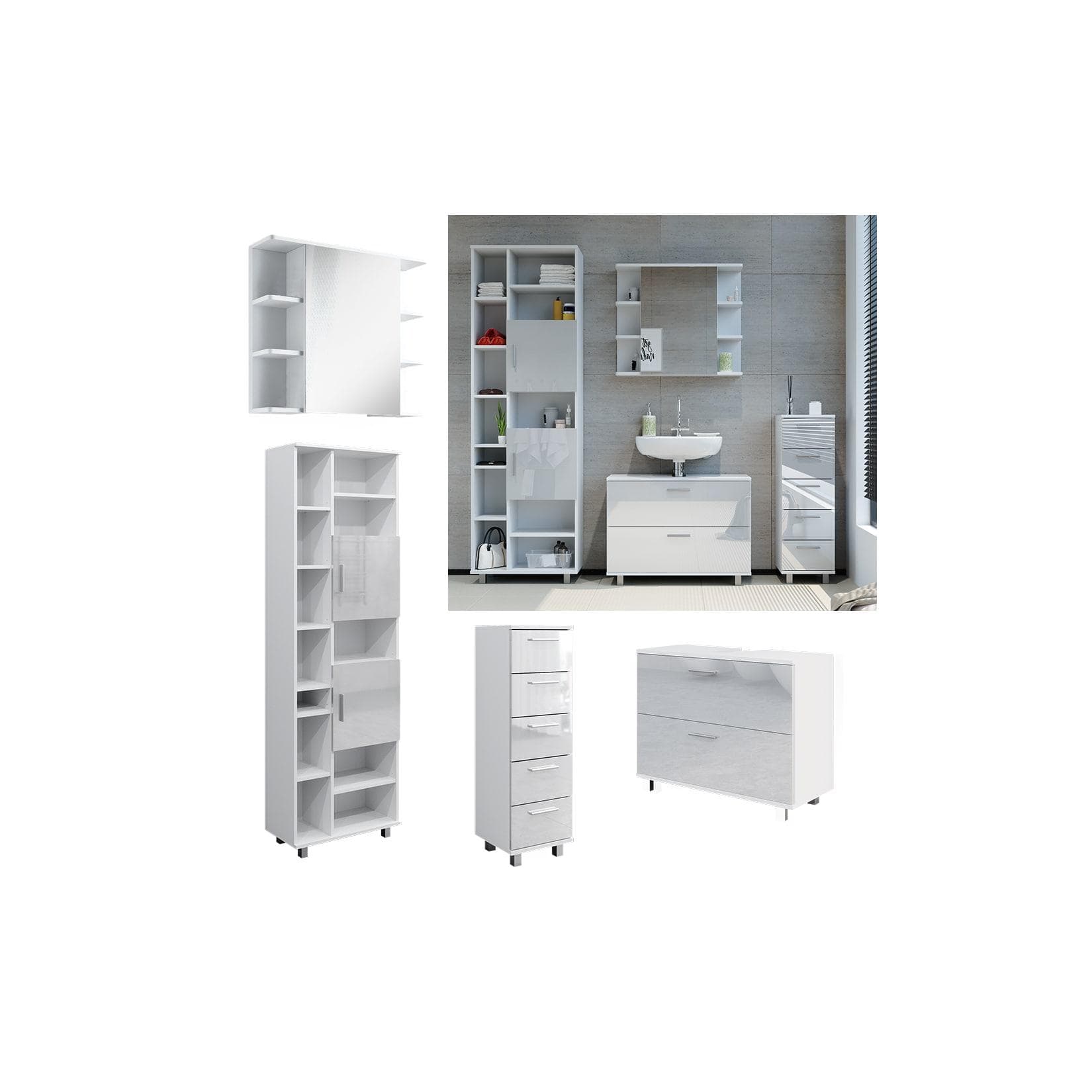 Vicco Badmöbel-Set Ilias Weiß Hochglanz Waschtischunterschrank Spiegelschrank