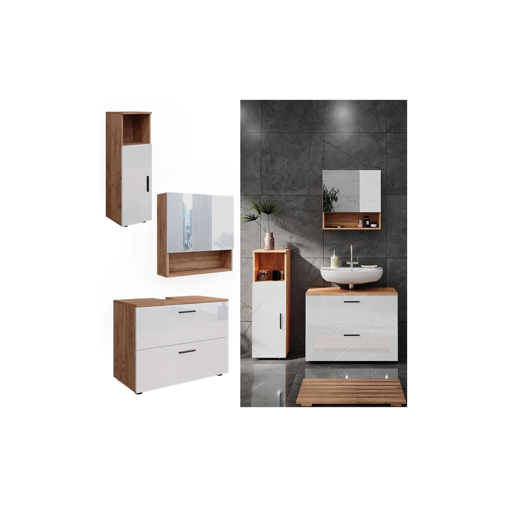 Vicco Badmöbelset Irma Eiche Weiß Hochglanz modern Badezimmerschrank