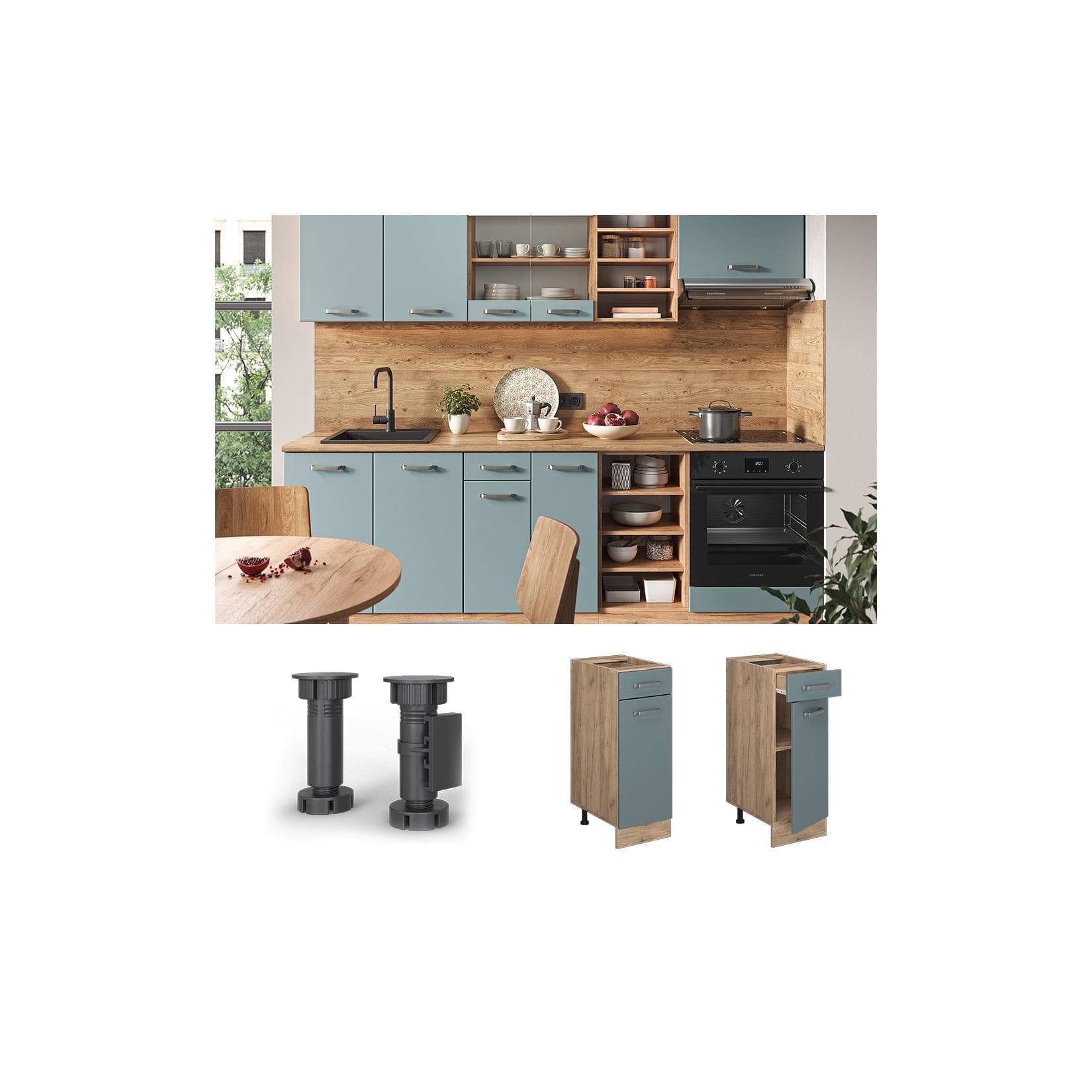 Vicco Schubunterschrank Küchenschrank R-Line Eiche Blau Grau 30 cm