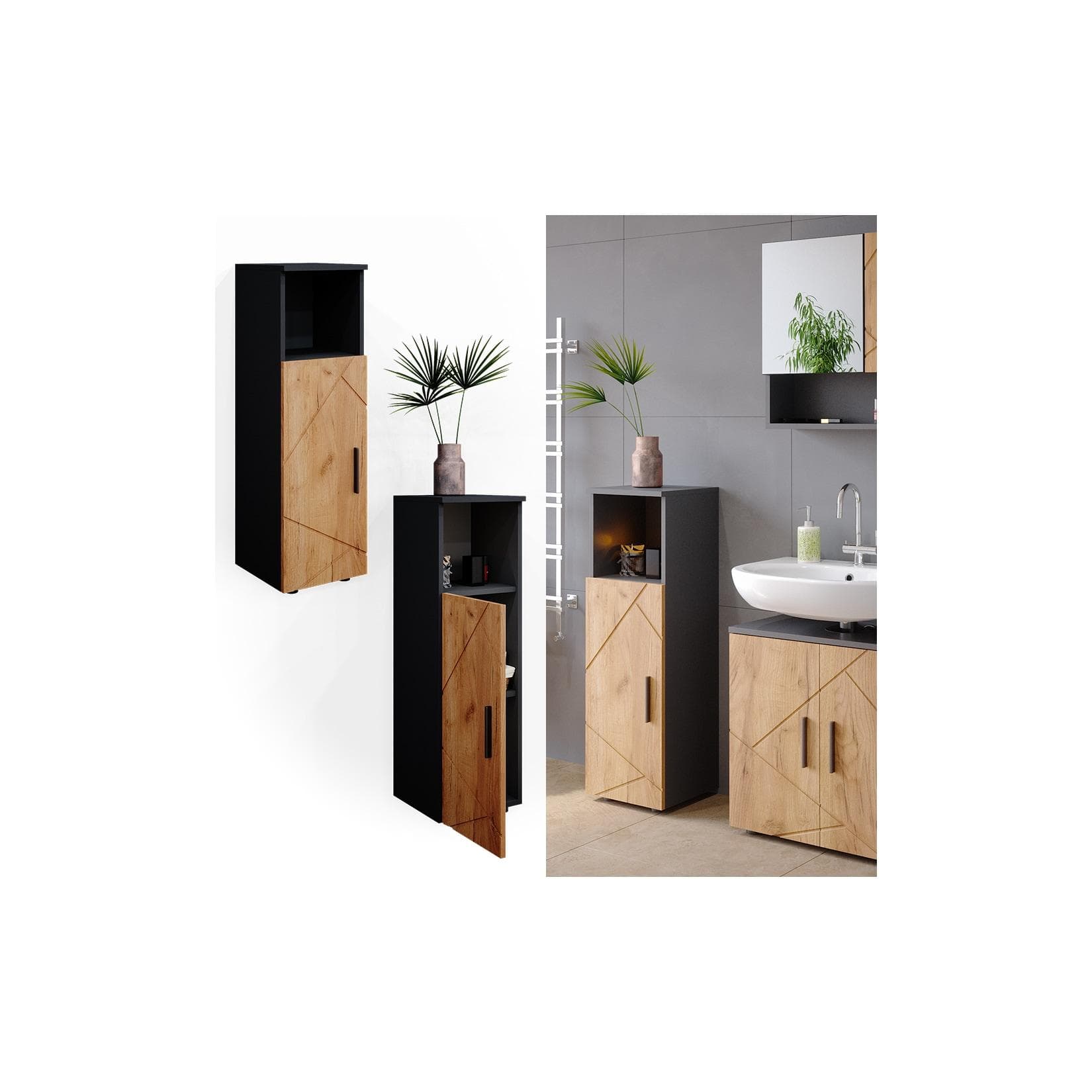 Vicco Midischrank Irma Anthrazit/Goldkraft Eiche 3 Fächer 1 Tür