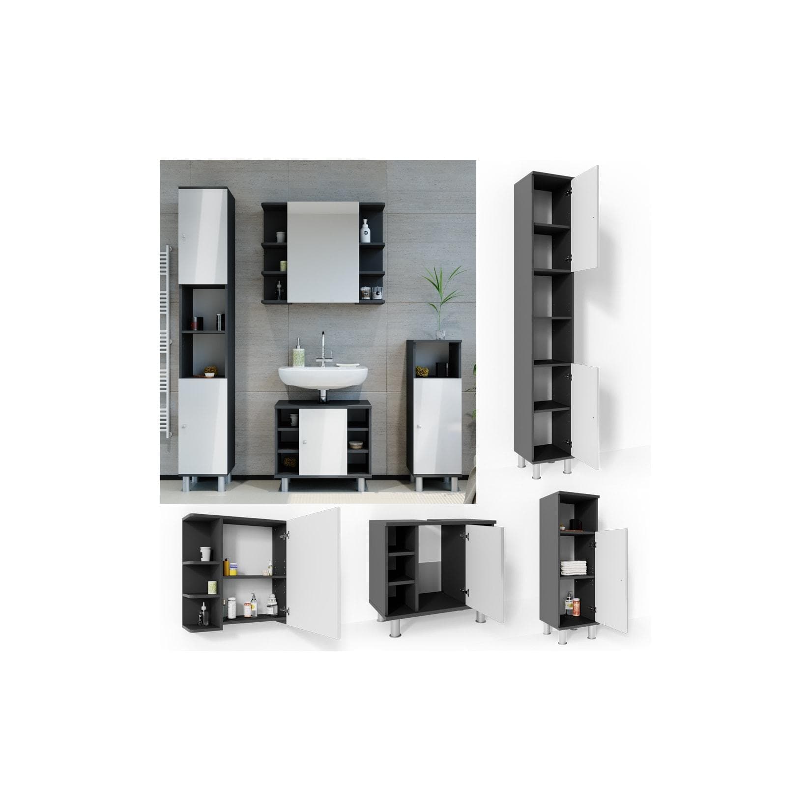 VICCO Badmöbel Set FYNN 4-teilig Anthrazit/Weiß