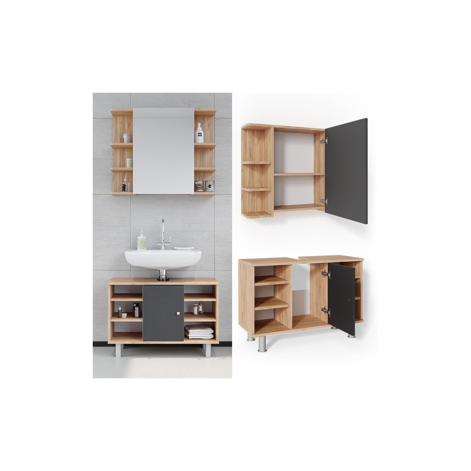 Vicco Badmöbel Set Fynn Spiegelschrank & Waschbeckenunterschrank Weiß