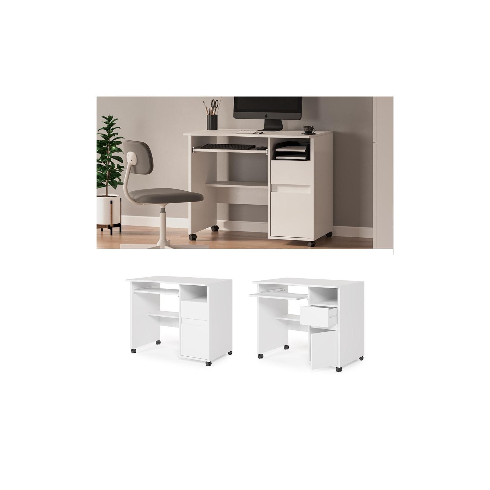 Vicco Schreibtisch Polo Weiß mit Ausziehschublade und Rollen