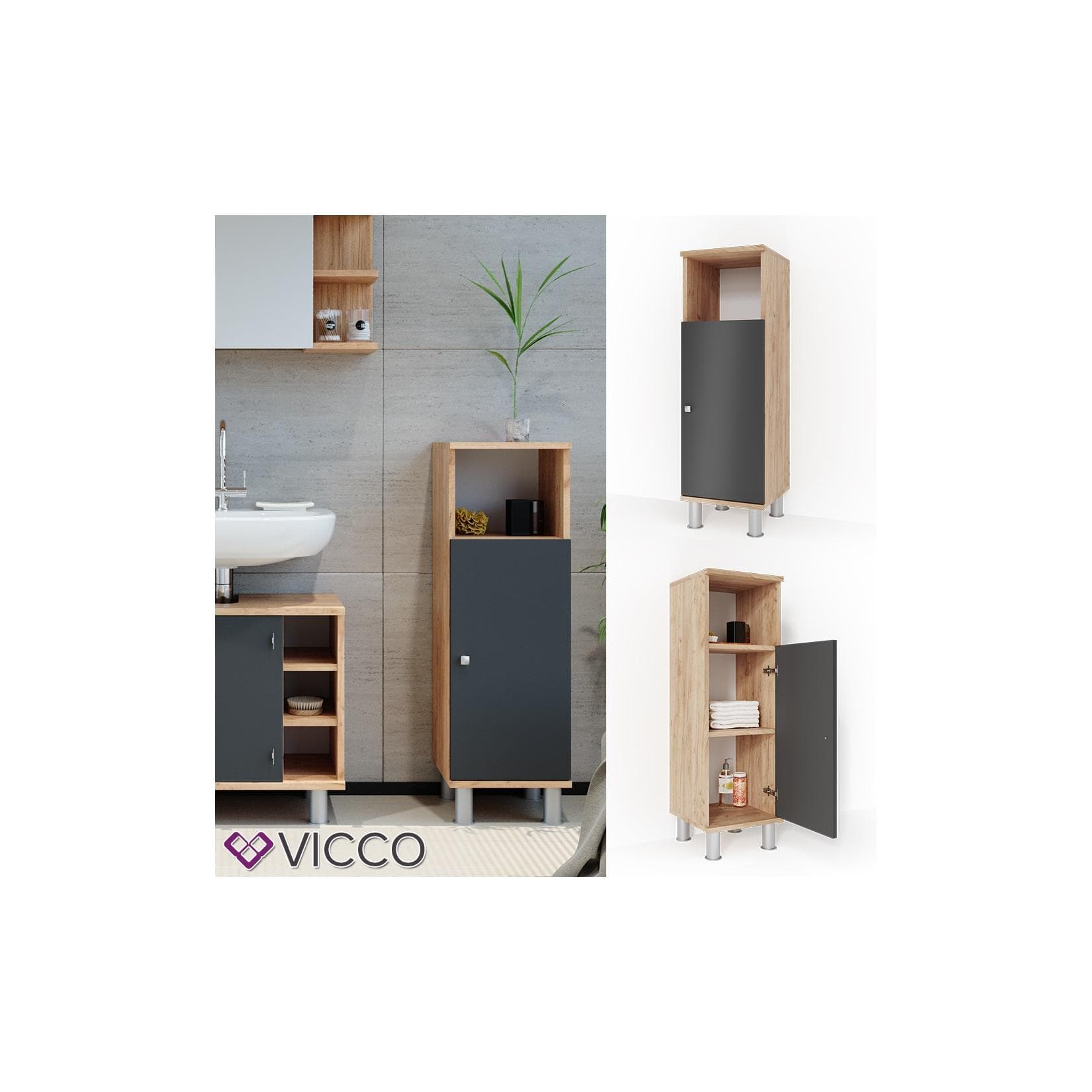 VICCO Badschrank FYNN Eiche Anthrazit Midischrank