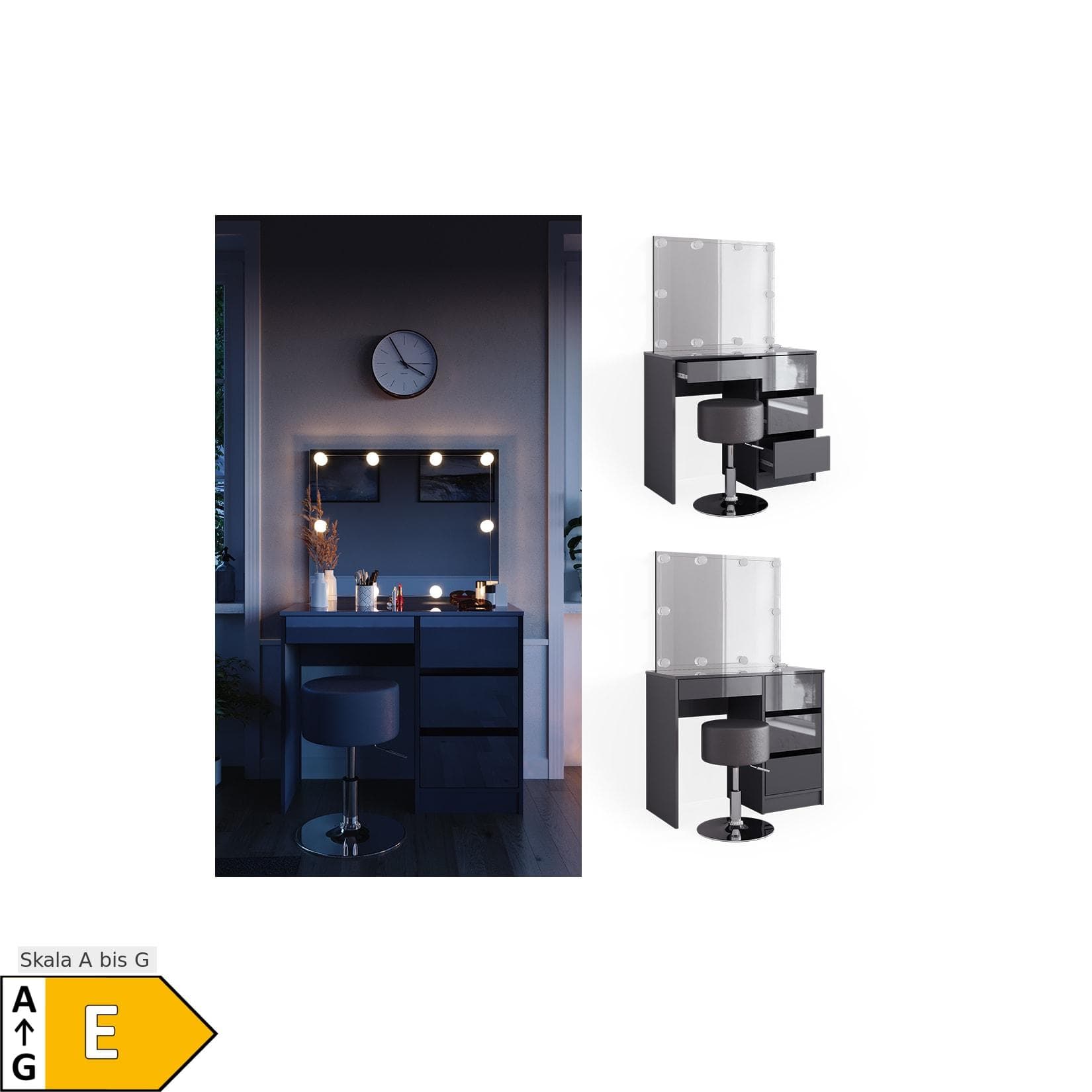 Vicco Schminktisch Sherry Anthrazit Hochglanz mit LED & Hocker