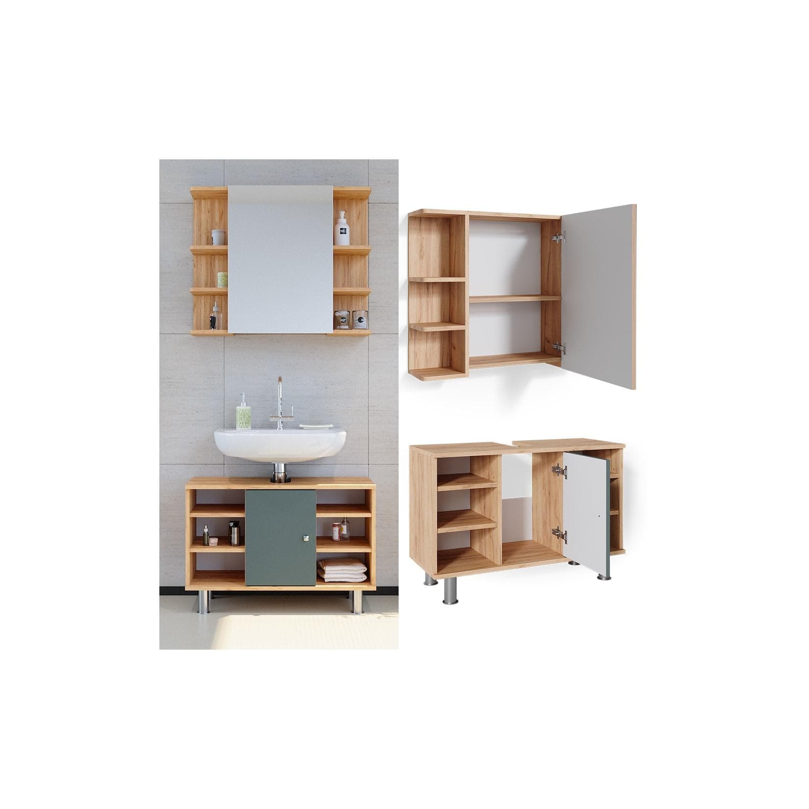 Vicco Badmöbelset Fynn Waschtischunterschrank 80 cm Spiegelschrank Eiche Grün
