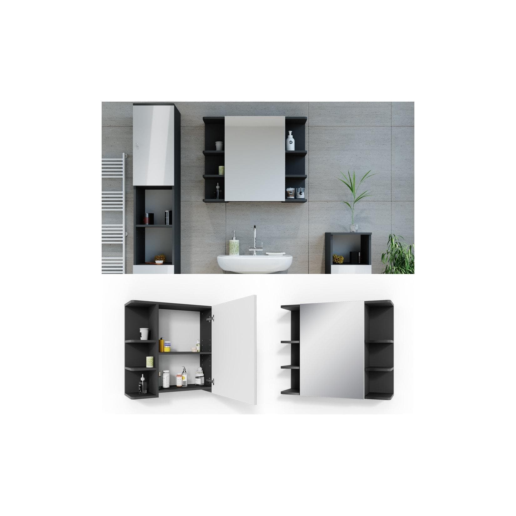 Vicco Badezimmerspiegelschrank Fynn Anthrazit/Weiß mit Ablageflächen