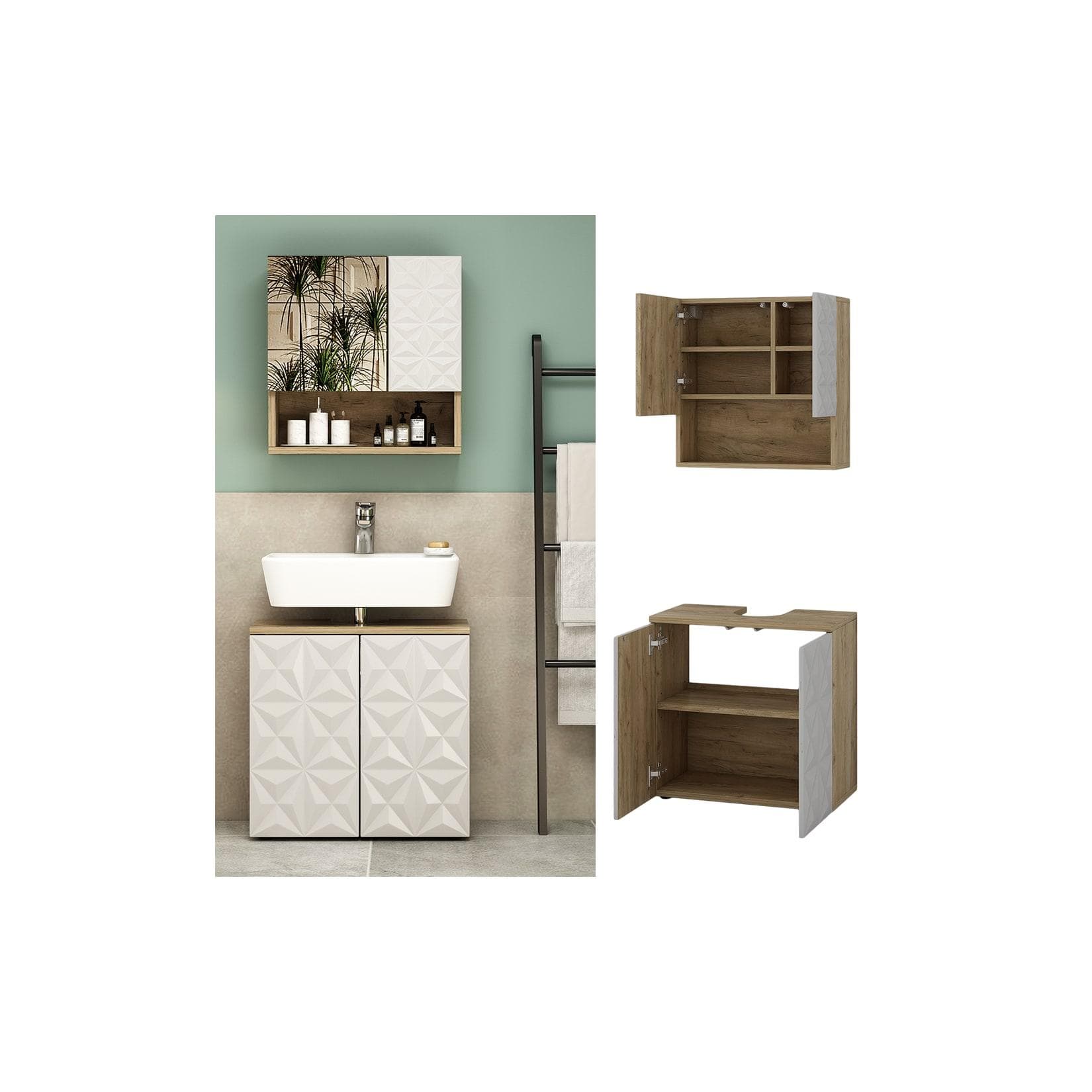 Vicco Badmöbel-Set Edge Eiche Weiß Modern mit Push-to-Open