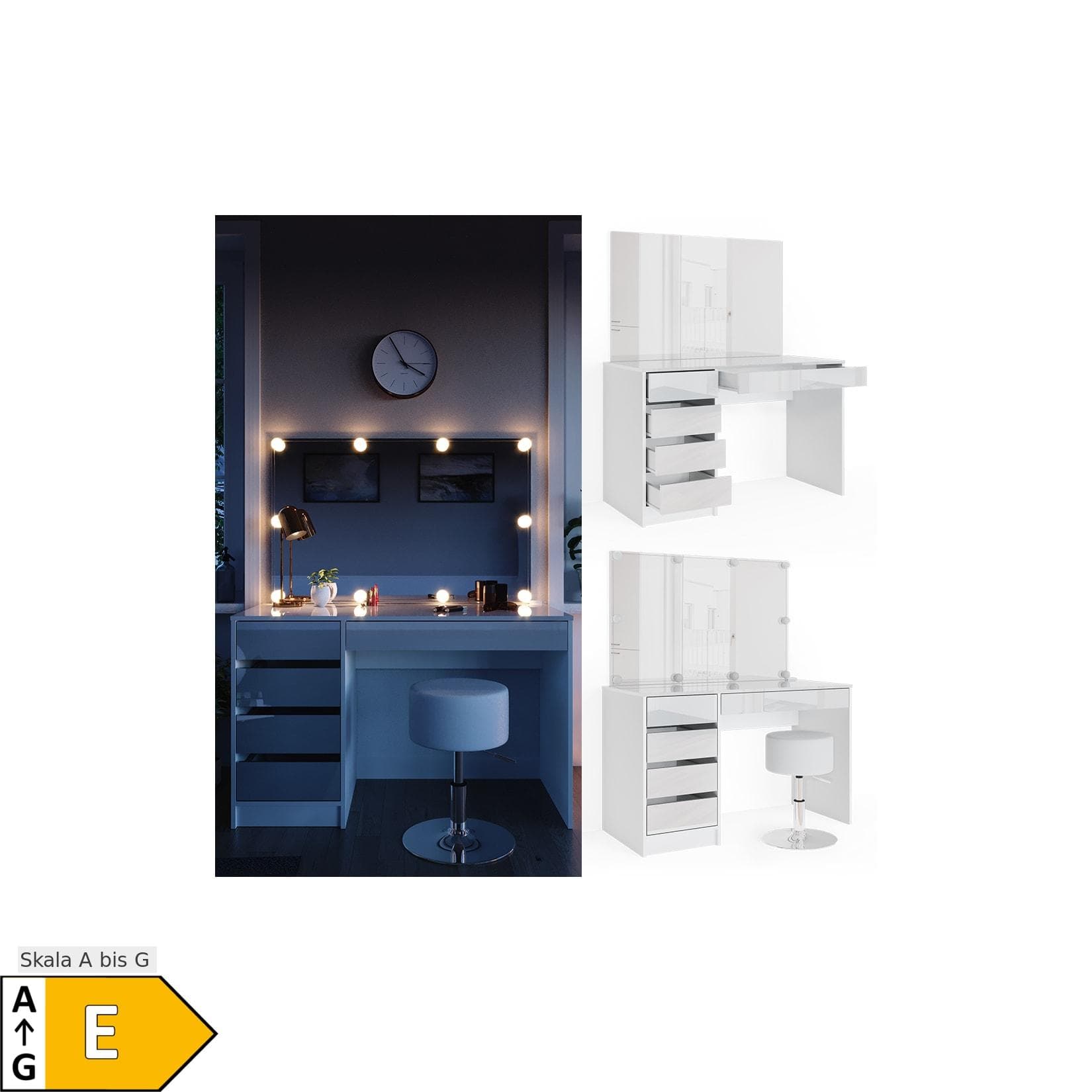 Vicco Schminktisch Sherry Weiß mit LED-Beleuchtung und Hocker