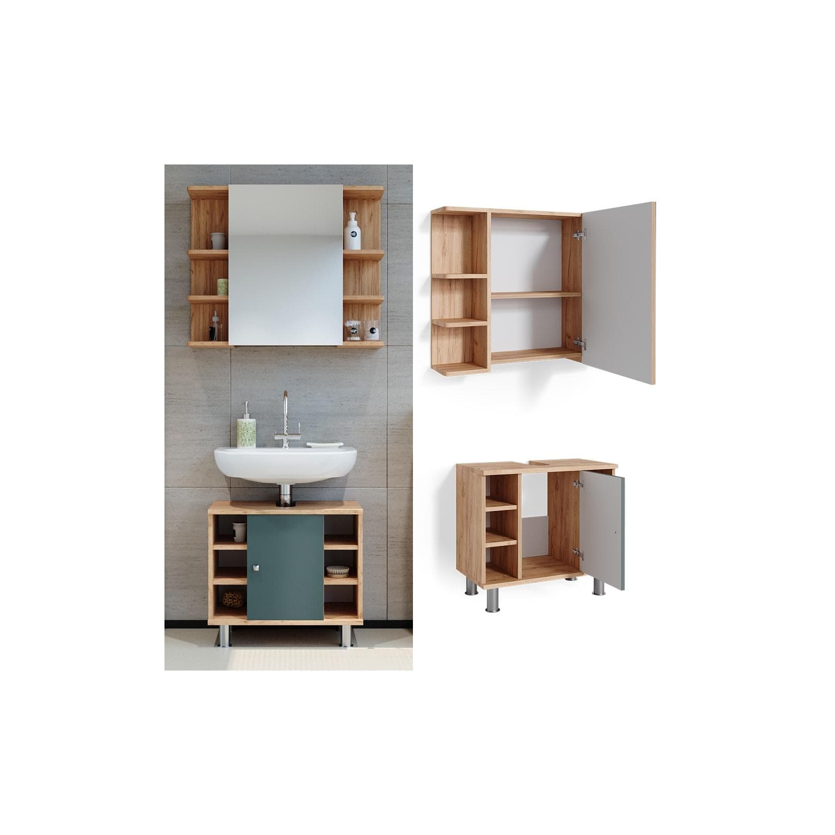 Grünes Badmöbelset mit Goldakzenten - Eiche Design