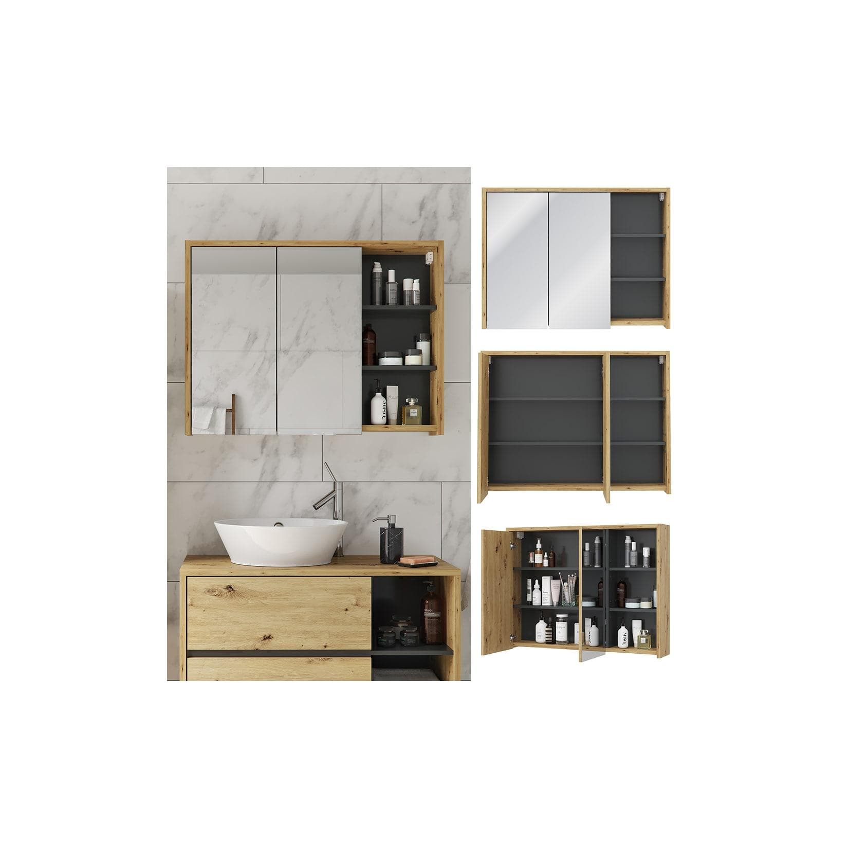 Anthrazit/Eiche Badezimmerspiegel mit Schrank