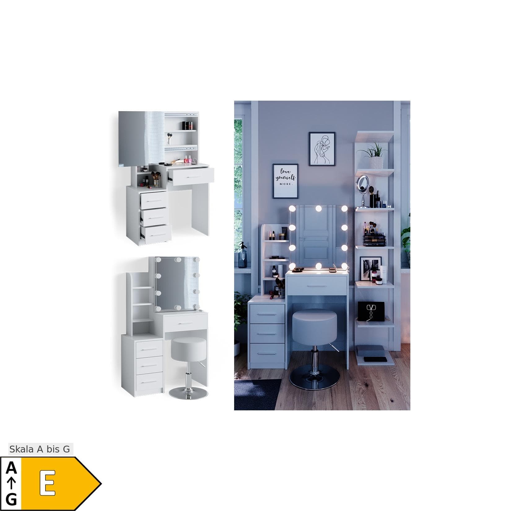 Vicco Schminktisch Conrada mit LED-Beleuchtung und Hocker