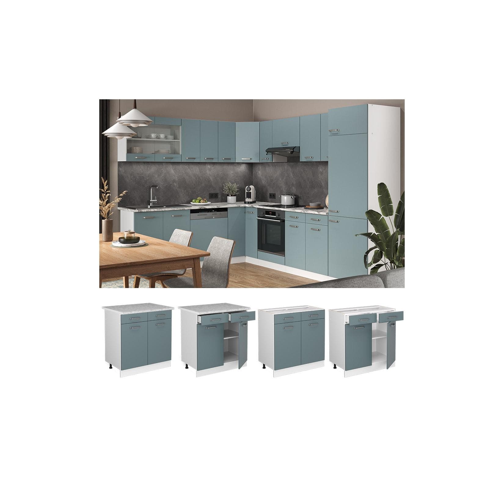 Vicco Schubunterschrank Küchenschrank R-Line Weiß Blau Grau mit Arbeitsplatte