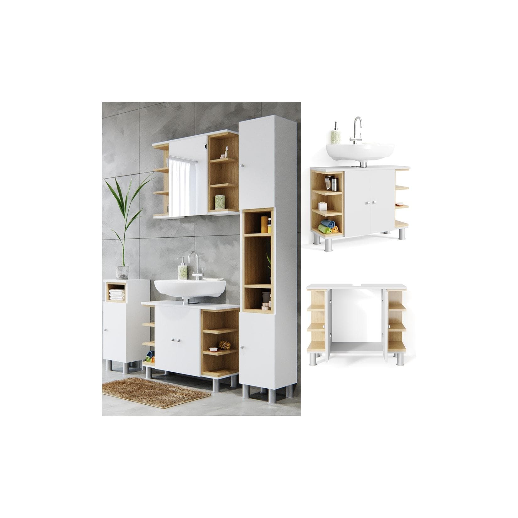 Vicco Waschbeckenunterschrank Aquis Eiche Weiß Waschtischunterschrank