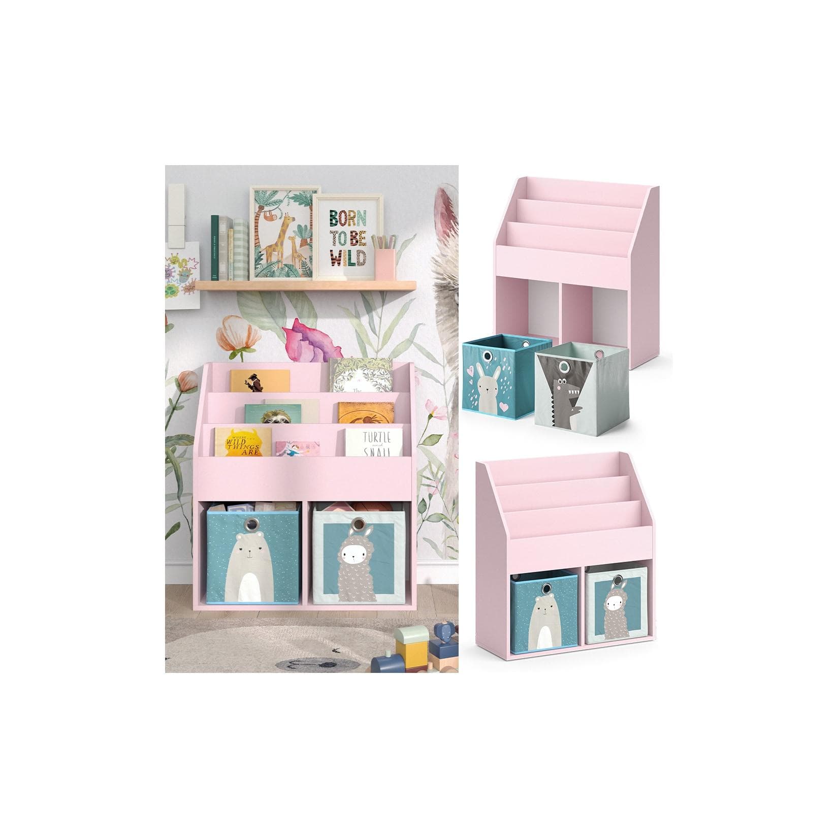 Rosafarbenes Bücherregal mit Faltboxen (Bär & Schaf)