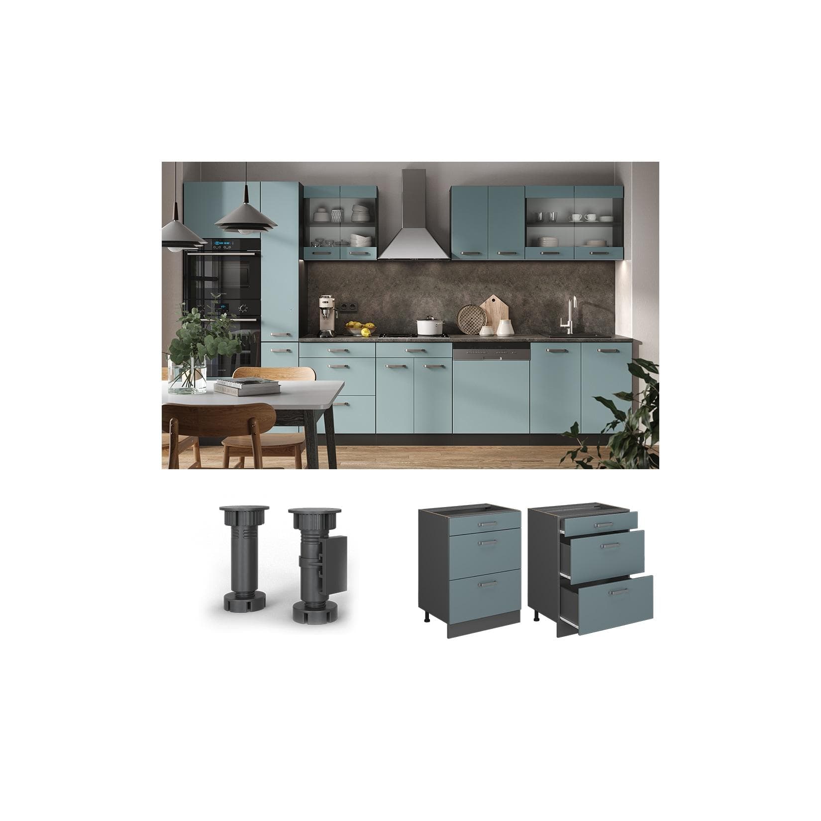 Vicco Schubladenunterschrank Küchenschrank R-Line Modern Anthrazit Blau Grau