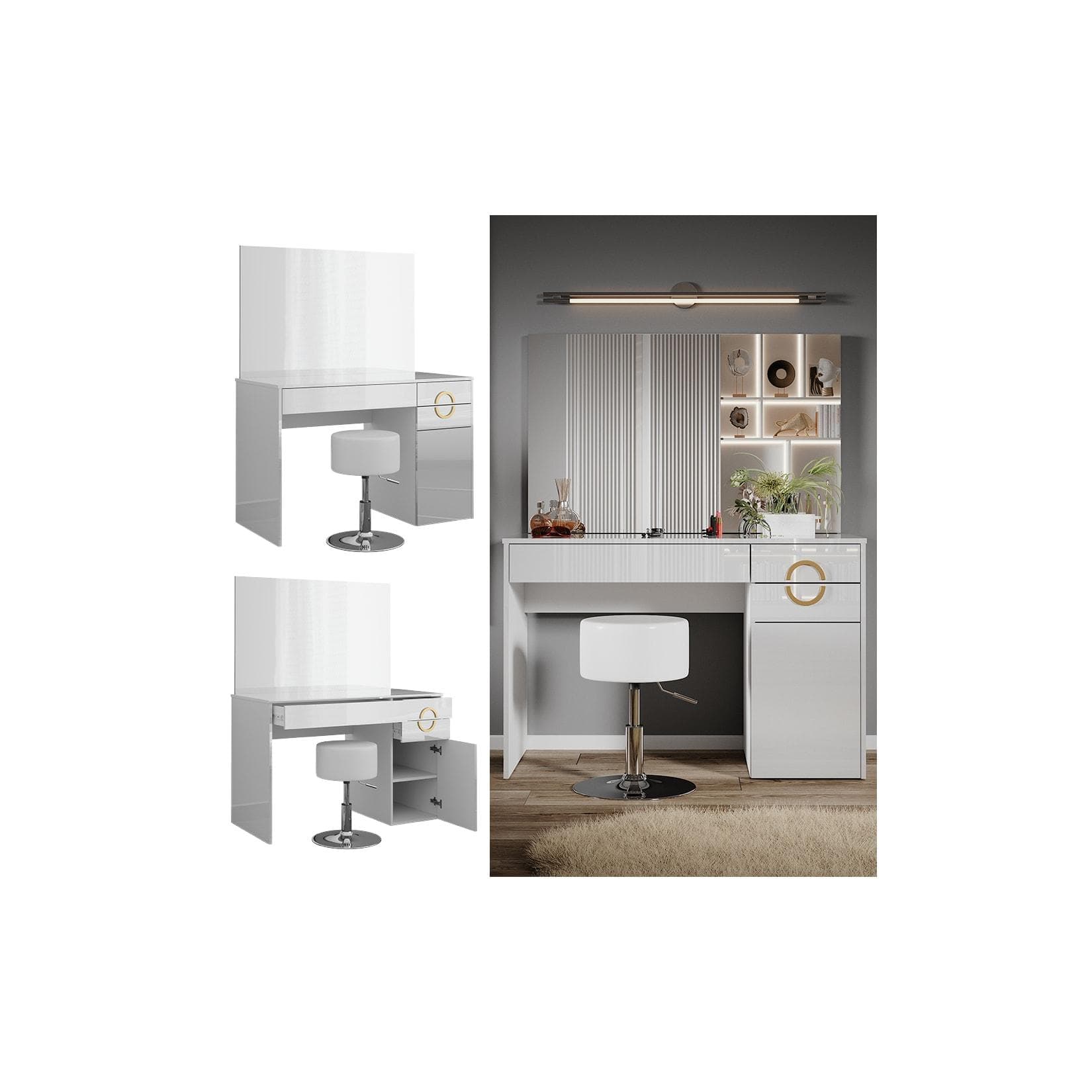 Vicco Schminktisch Adela Weiß Hochglanz mit Hocker und Spiegel