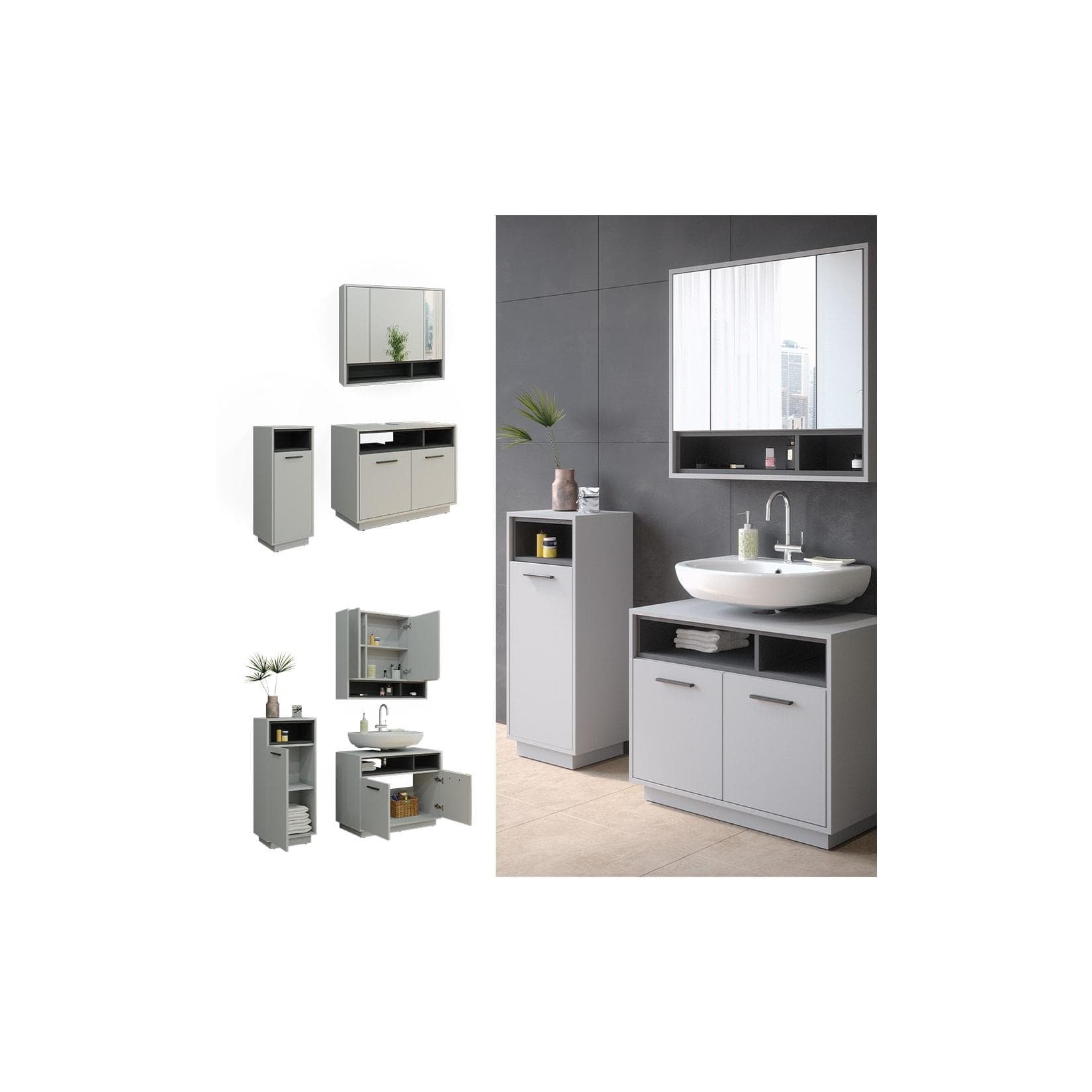 Vicco Badmöbel-Set Grau Anthrazit Modern Badezimmerschrank Beatrice