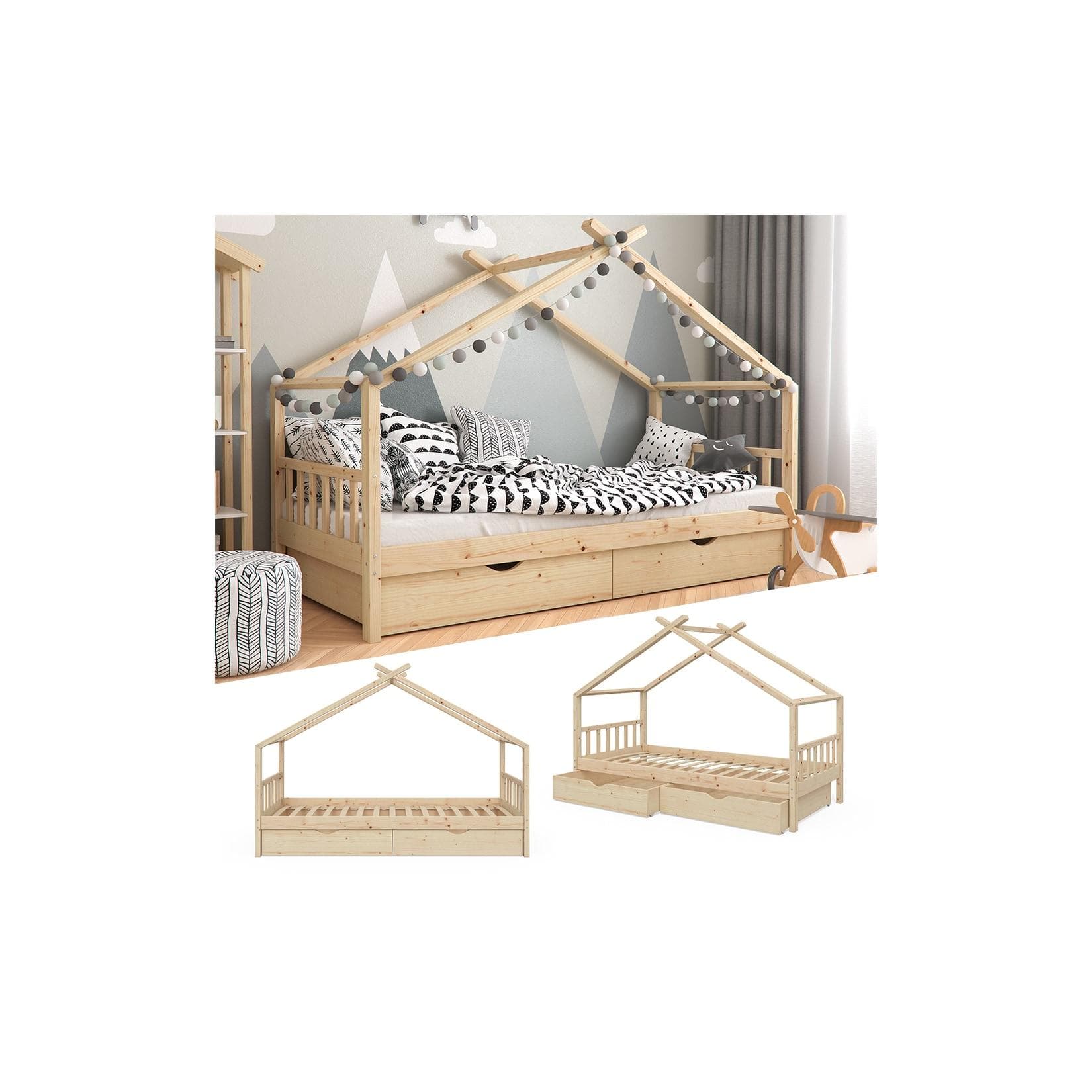 VitaliSpa Kinderbett Hausbett Design NAT Lattenrost Schublade