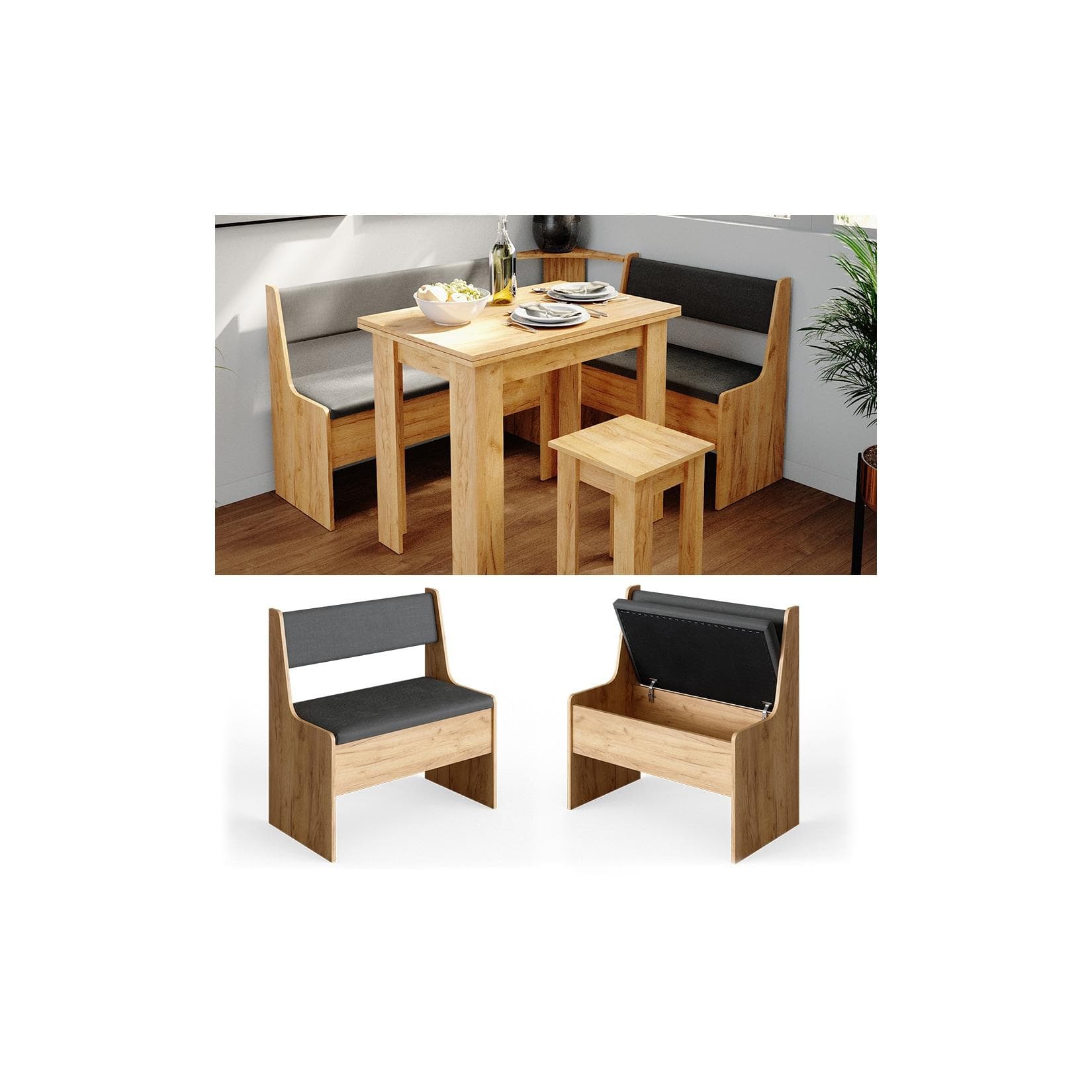Vicco Eckbank Roman mit Truhe Goldkraft Eiche/Anthrazit