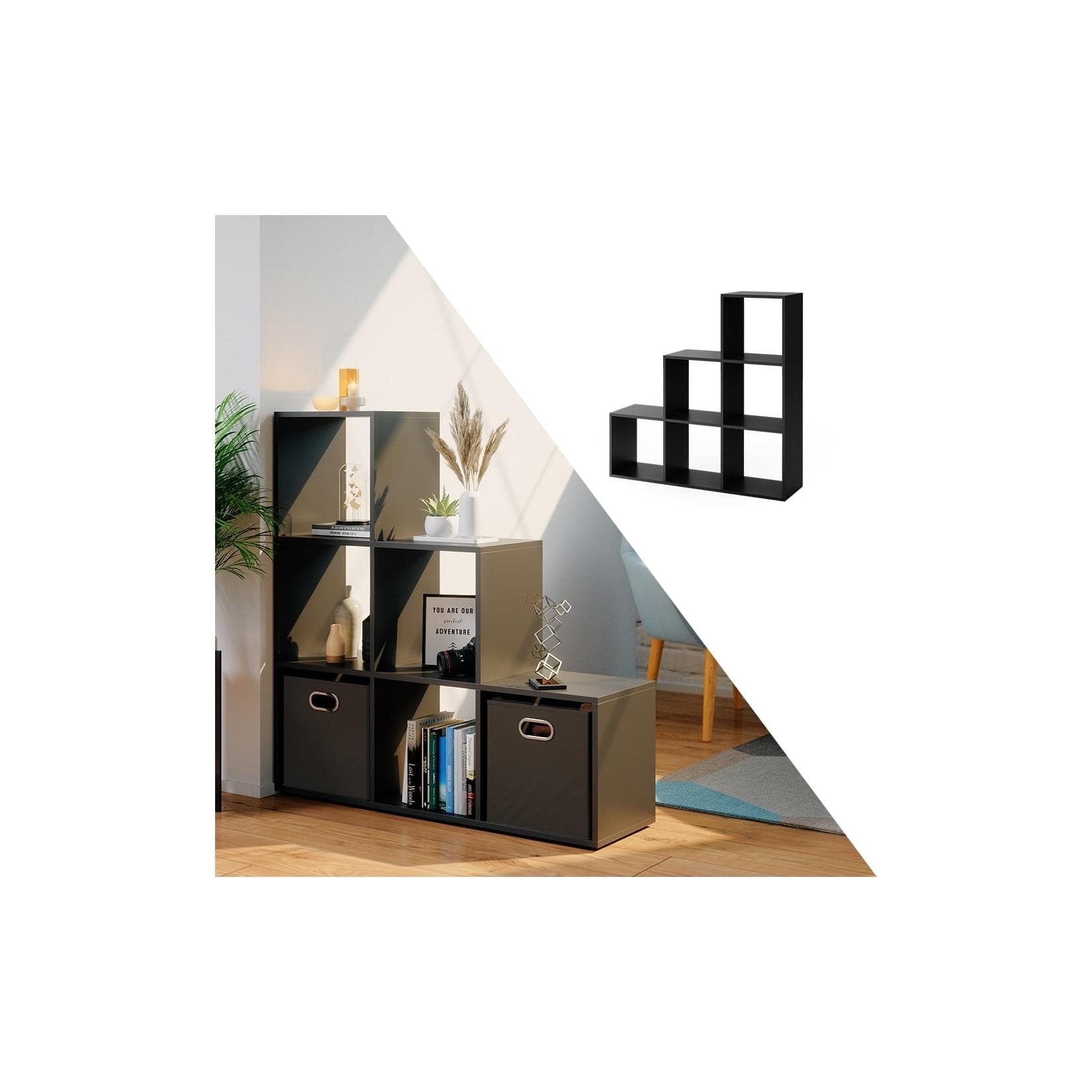 VICCO Treppenregal 6 Fächer Schwarz - Raumteiler Stufenregal