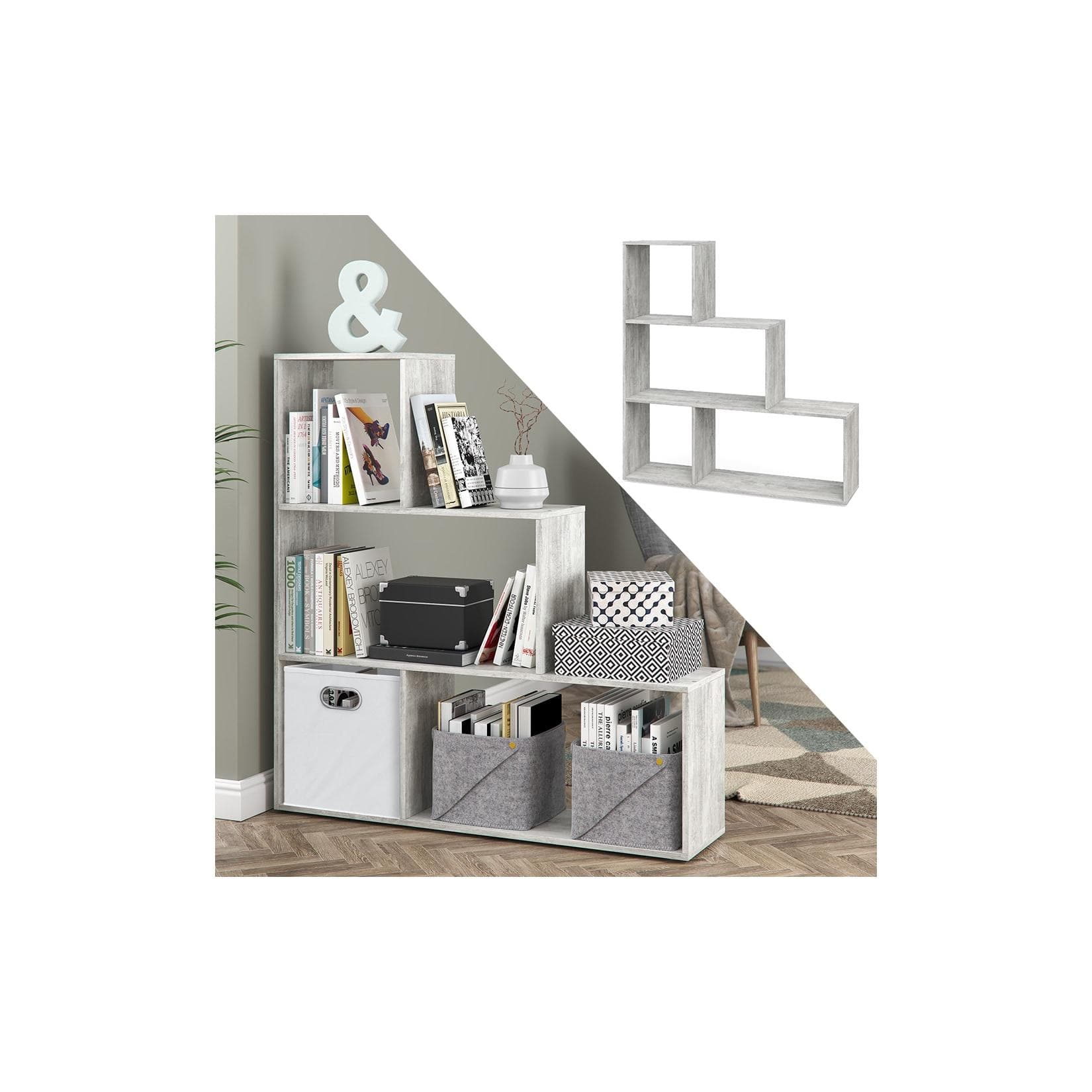 Vicco Treppenregal Asym 4 Fächer Beton Grau Modern