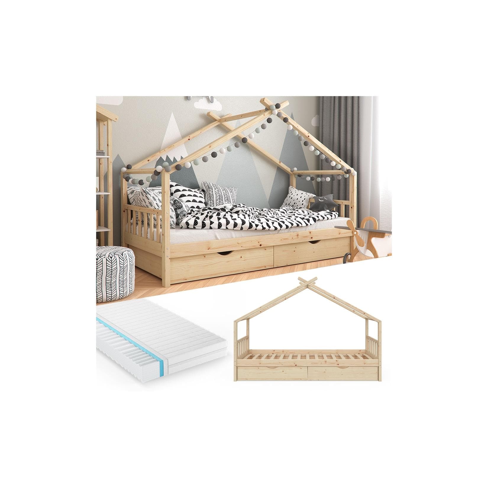 VitaliSpa Kinderbett Hausbett Design Natur Lattenrost Matratze