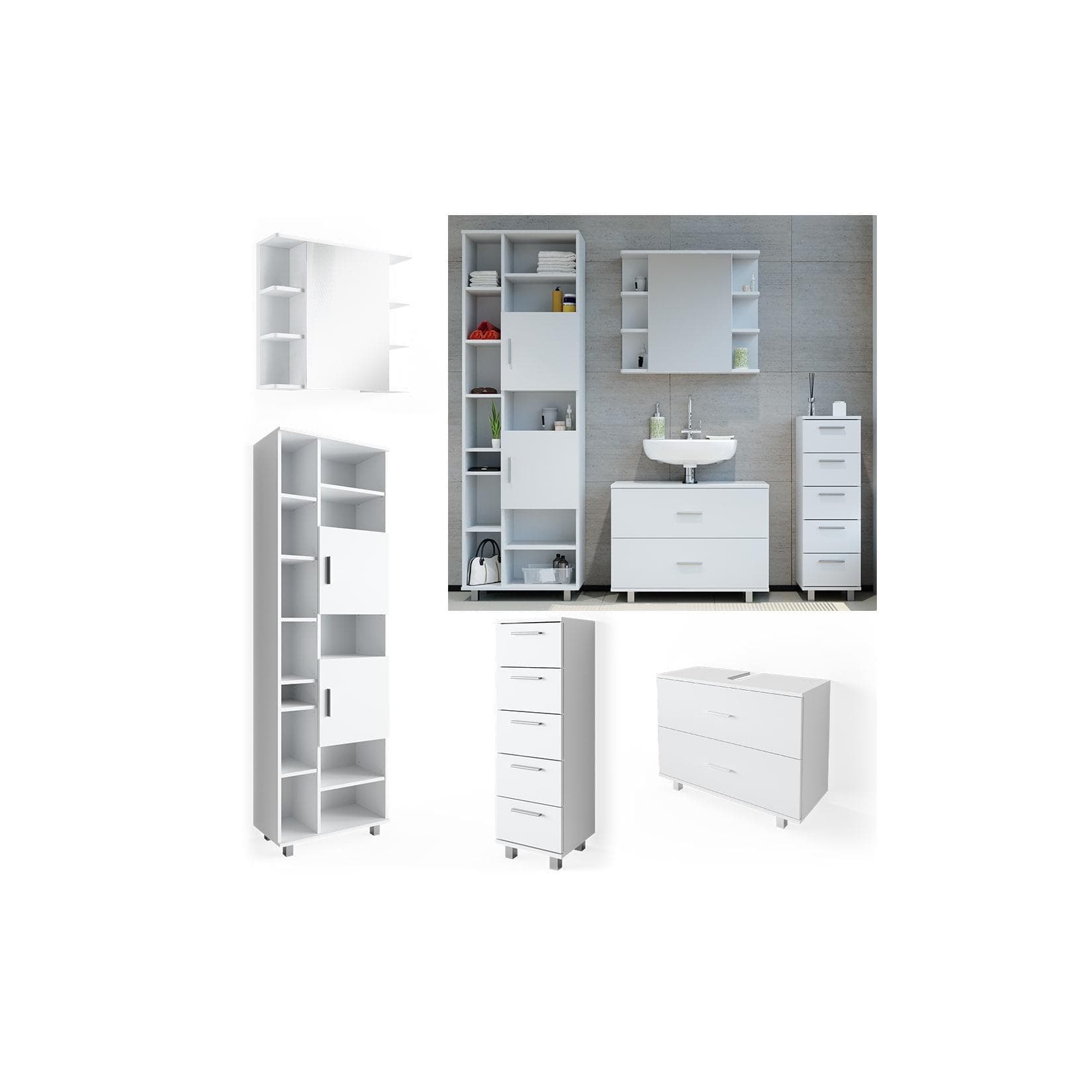 Badmöbel-Set Weiß mit Hochschrank (4 Teile)