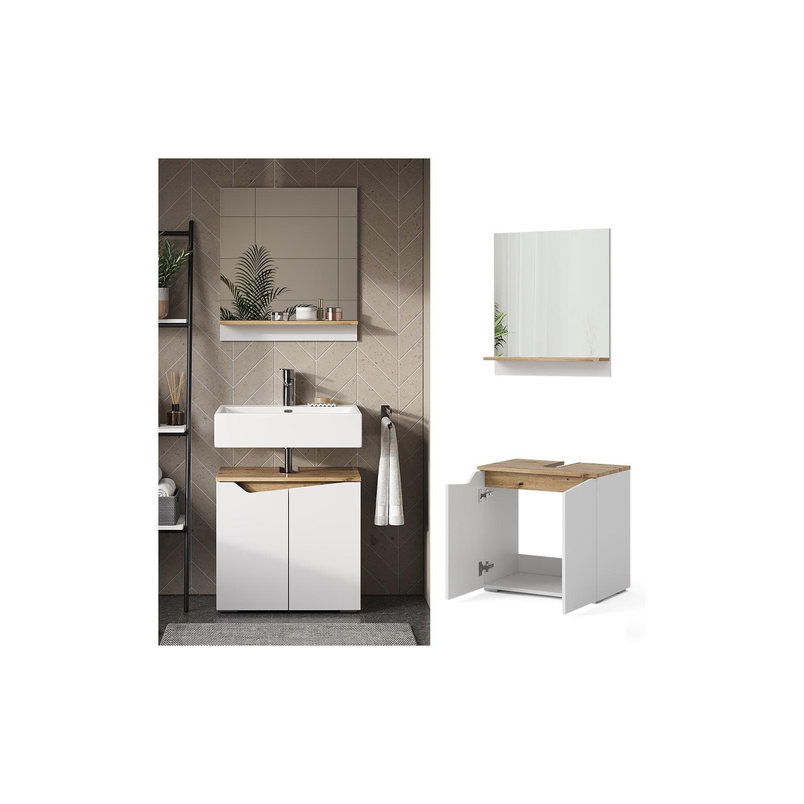 Vicco Badmöbel-Set Marelle Weiß Artisan Waschtischunterschrank mit Spiegel