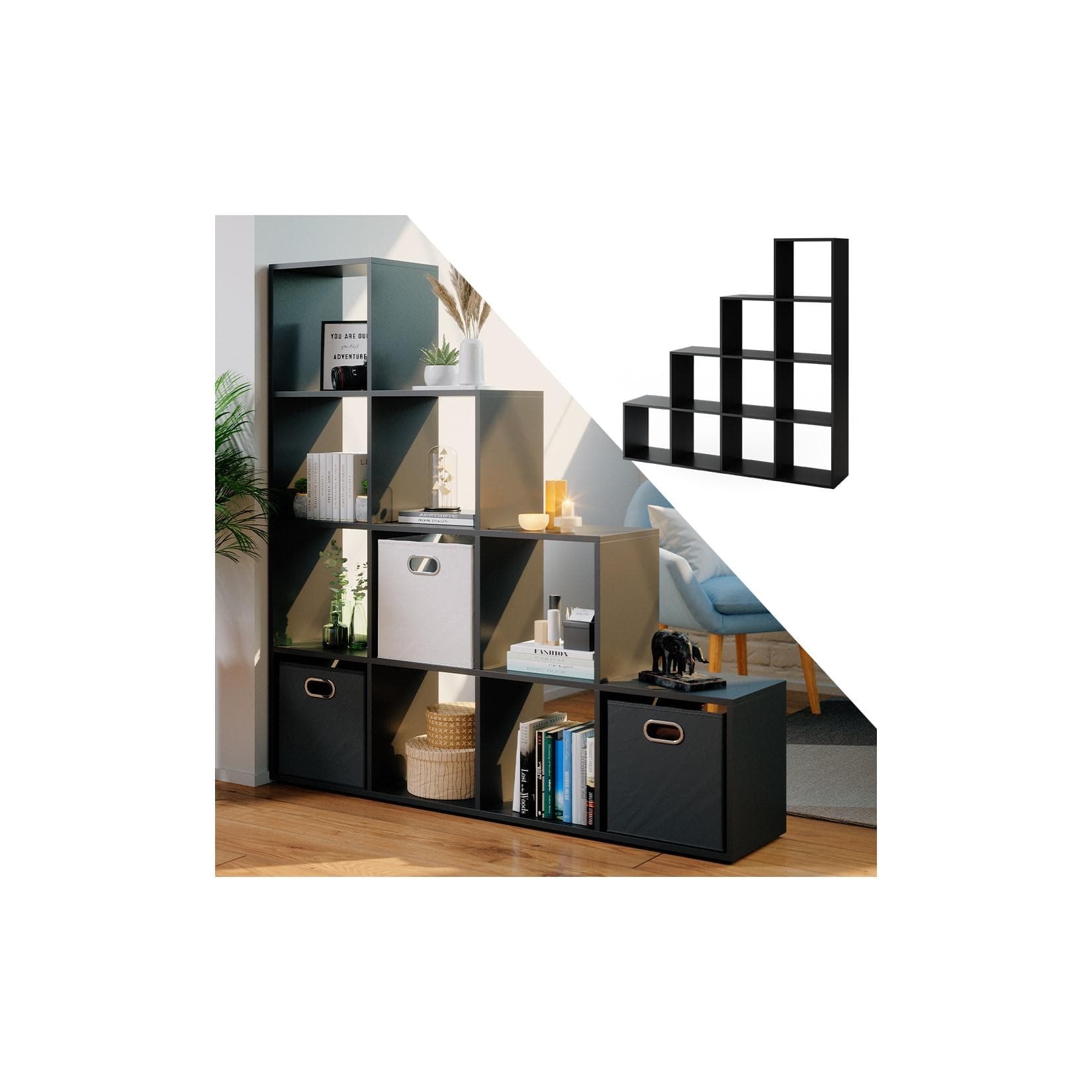 VICCO Treppenregal 10 Fächer Schwarz Raumteiler Stufenregal