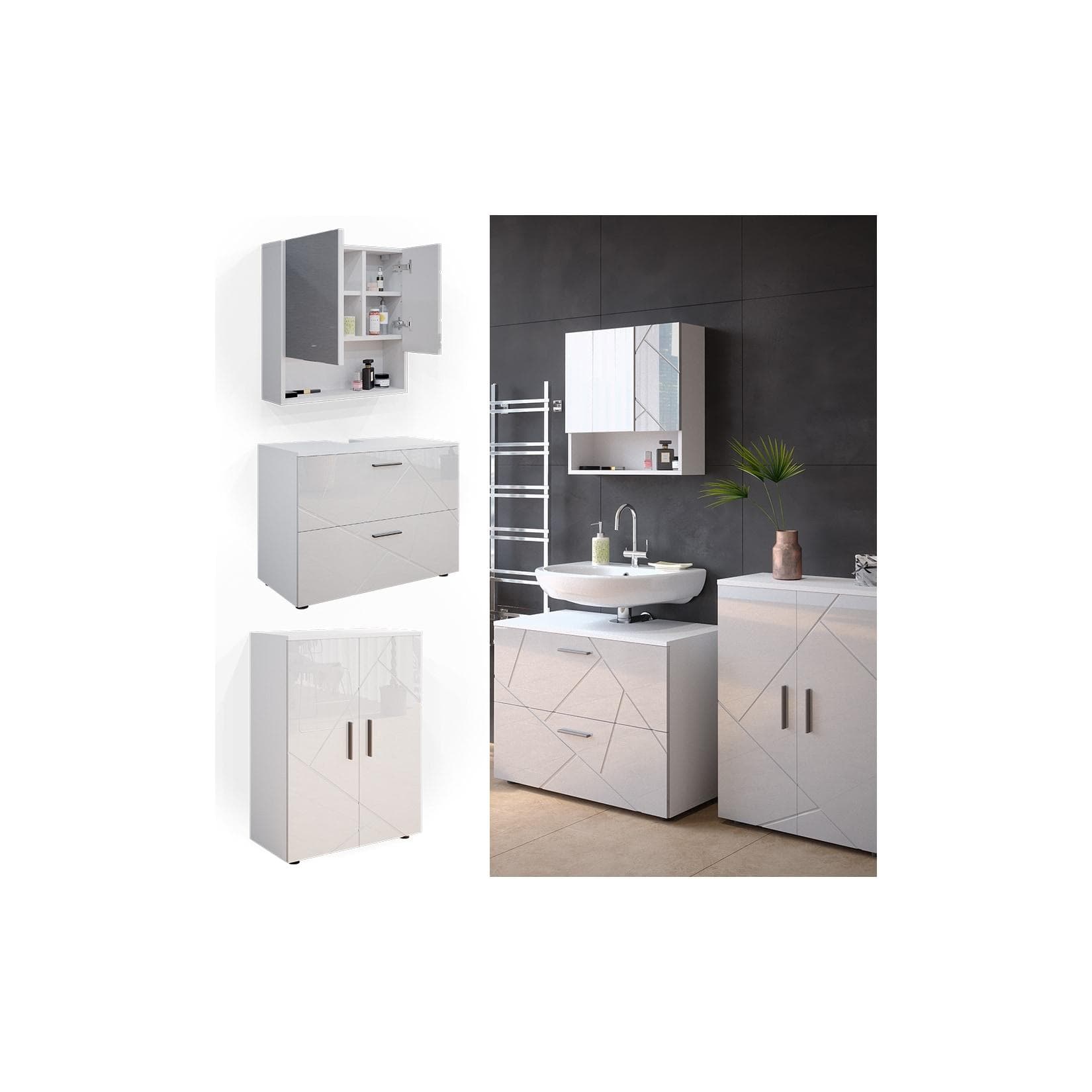 Hochglanz Badmöbel-Set Weiß - 3-teilig mit Unterschrank