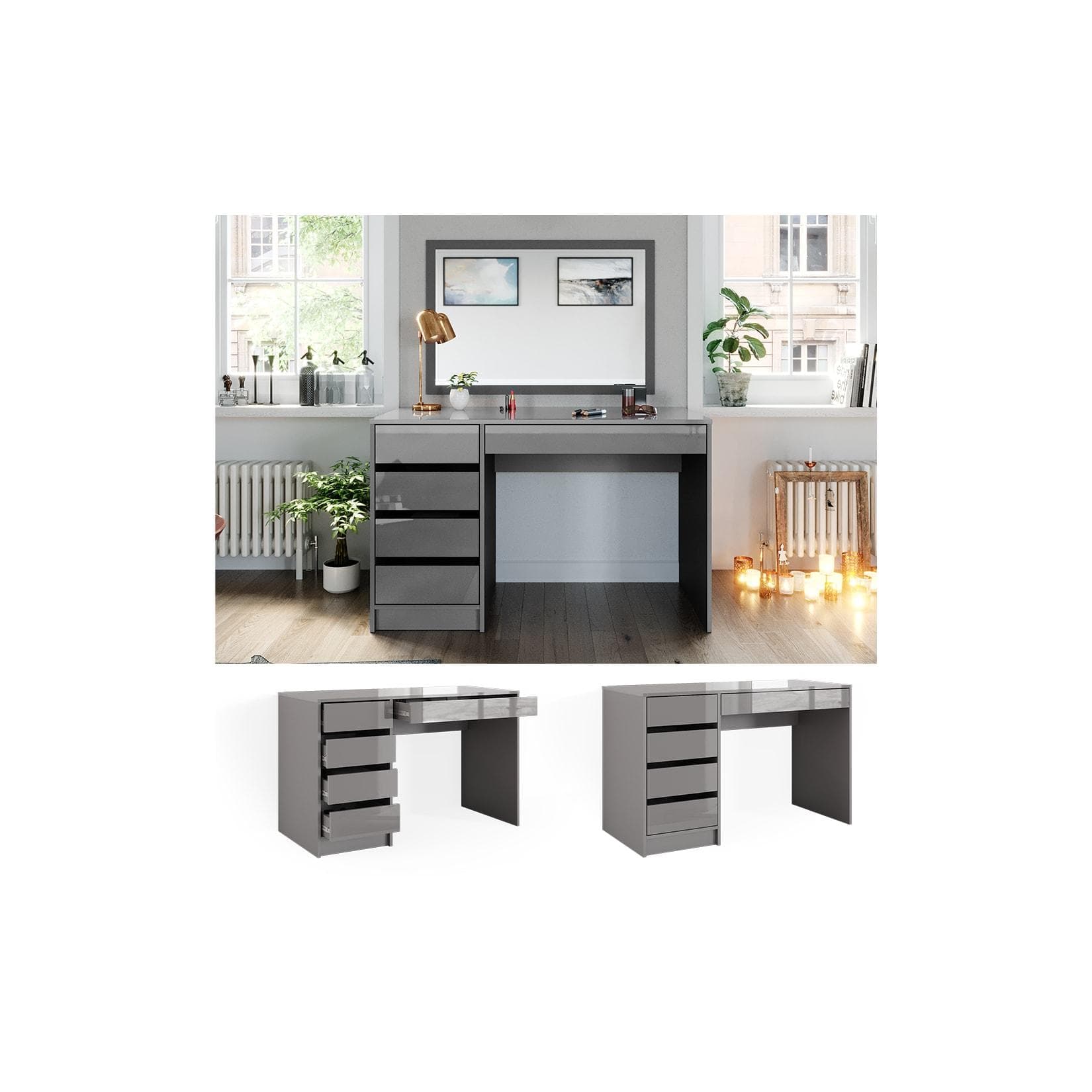 Grauer Hochglanz Schminktisch - Modernes Design ohne Spiegel