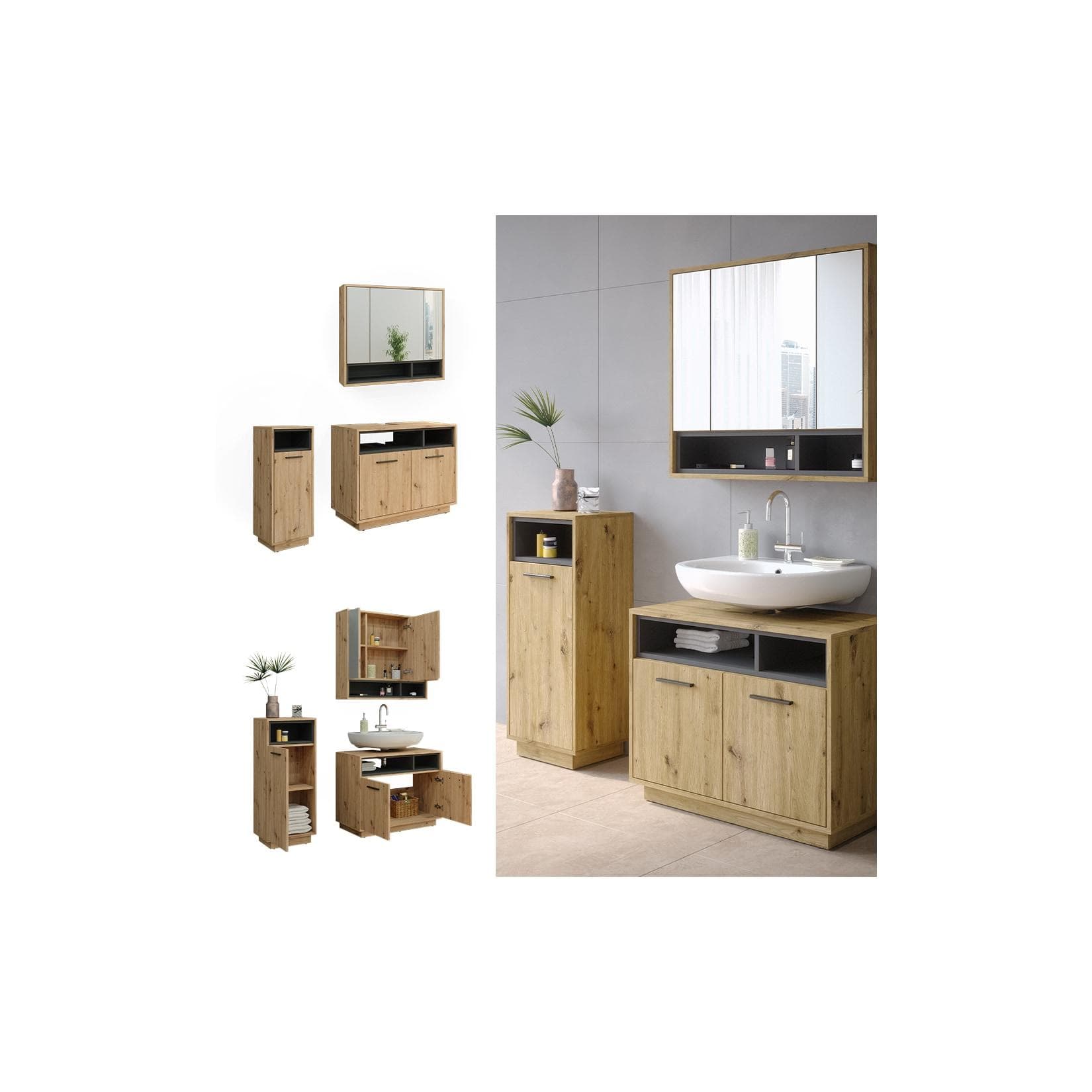 Eichen Badmöbel-Set Anthrazit - 3 Teile