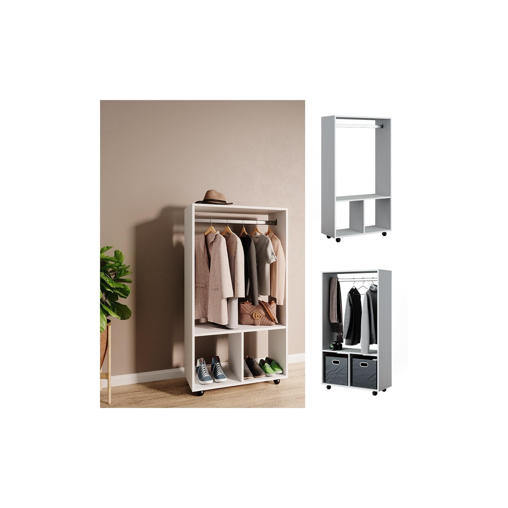 VICCO Garderobe Sydney Weiß Rollbar mit Kleiderstange und Fach