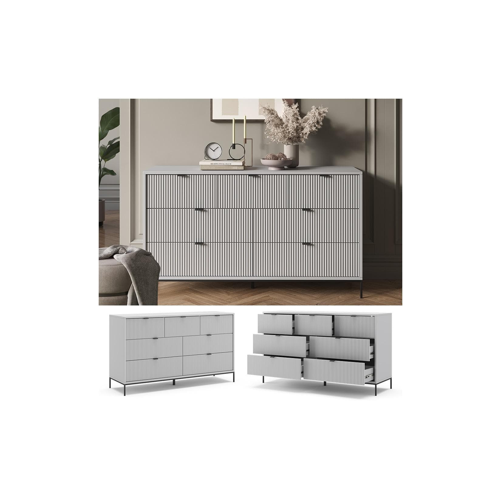 Vicco Sideboard Eliza Grau mit 7 Schubladen
